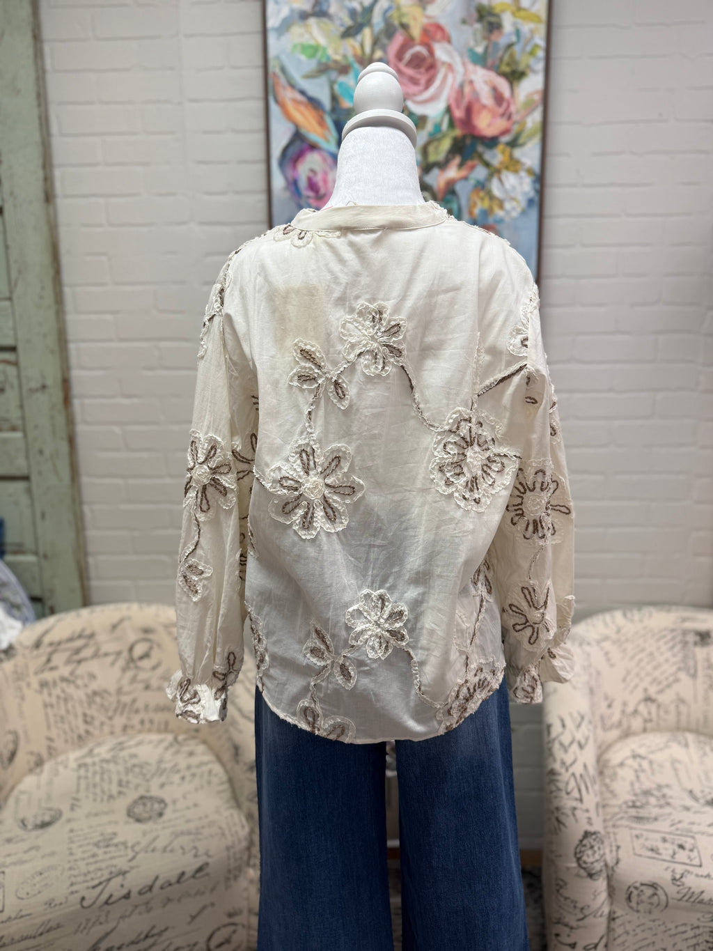 Ecru Long Sleeve Applique Blouse