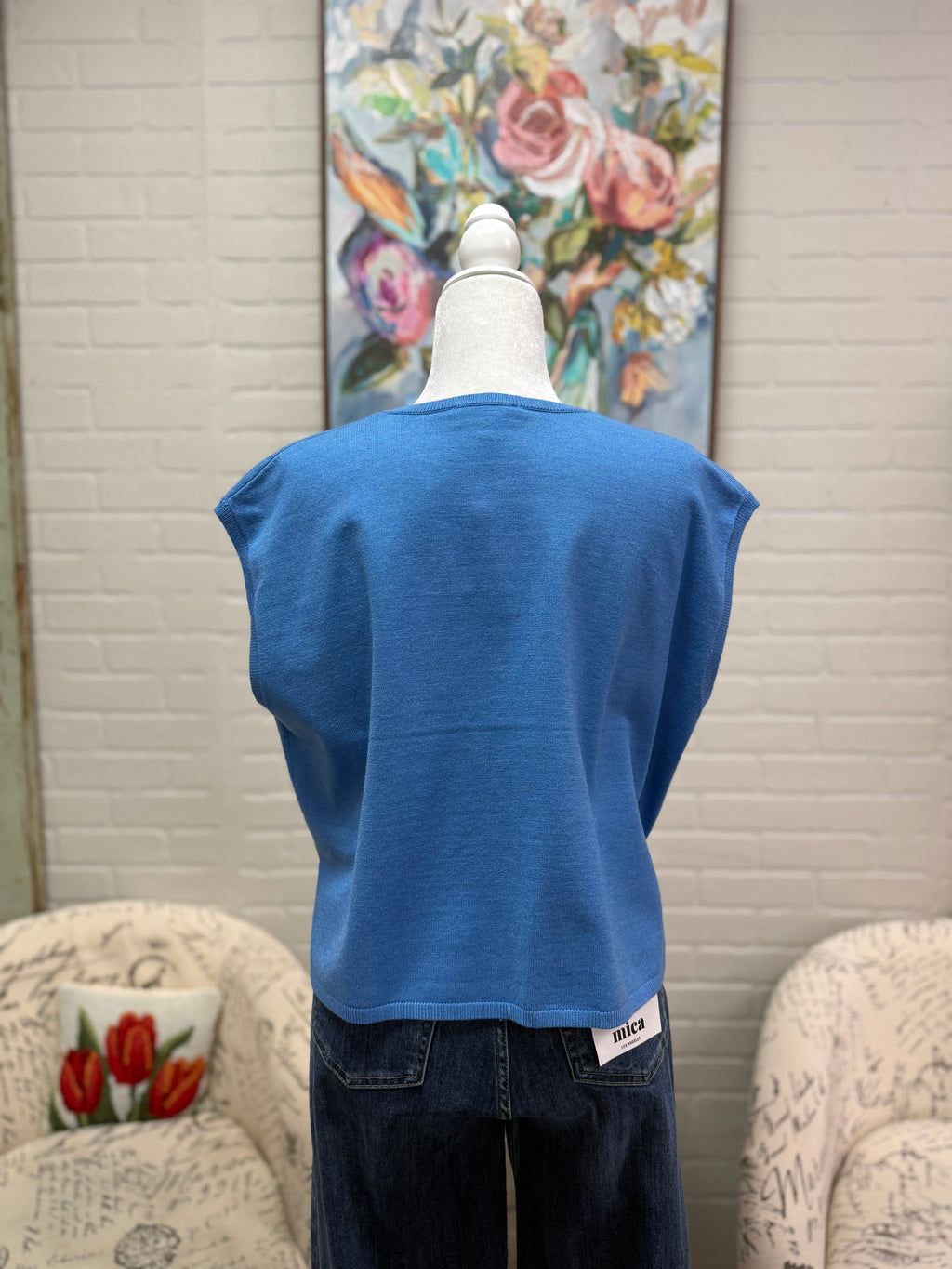 Blue Split Neck Sleeveless Sweater
