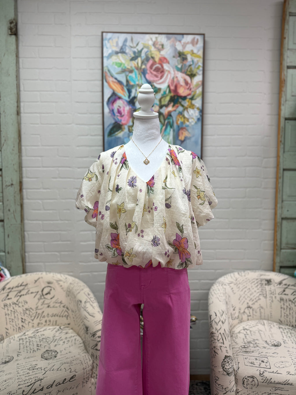 Cream Floral Bubble Blouse