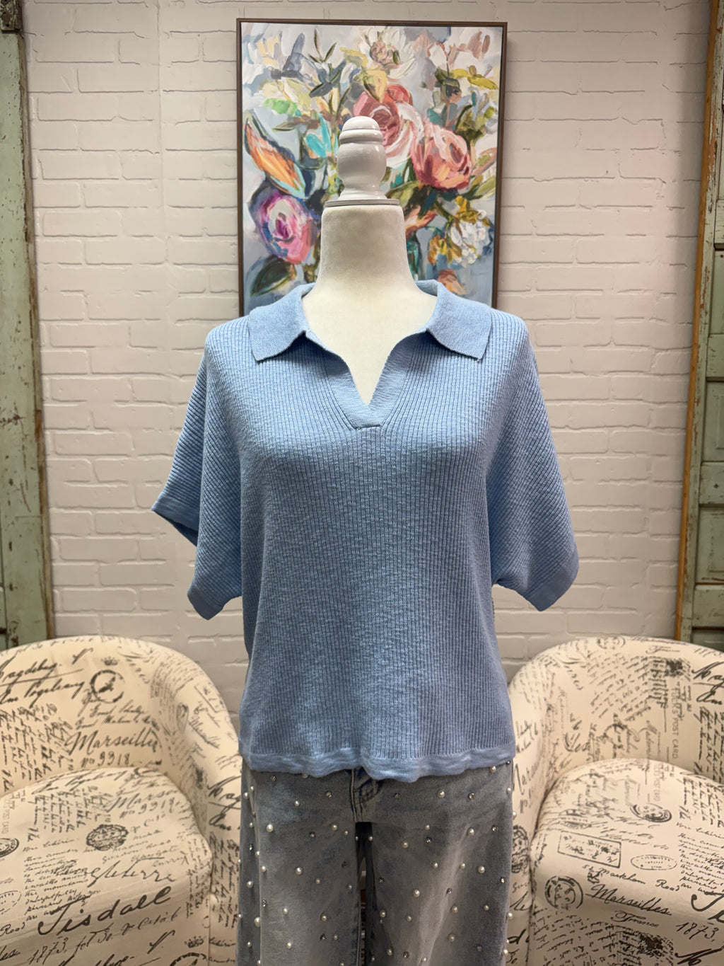 Blue Knit Sweater w/ Dolman Sleeves
