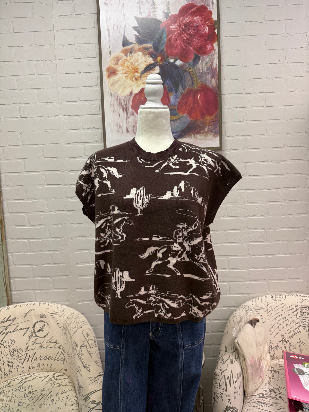 Brown Western Print Sweater