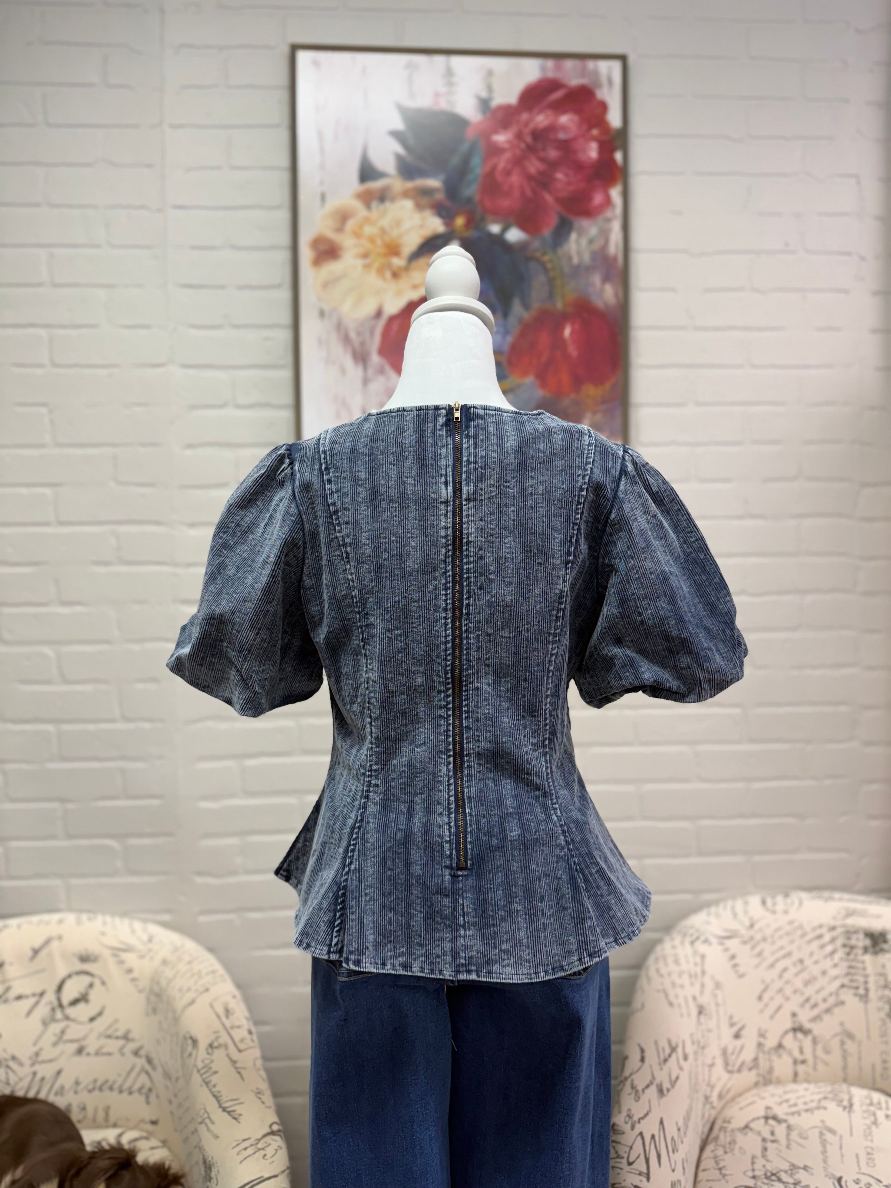 Denim Top w/ Pearl Bow