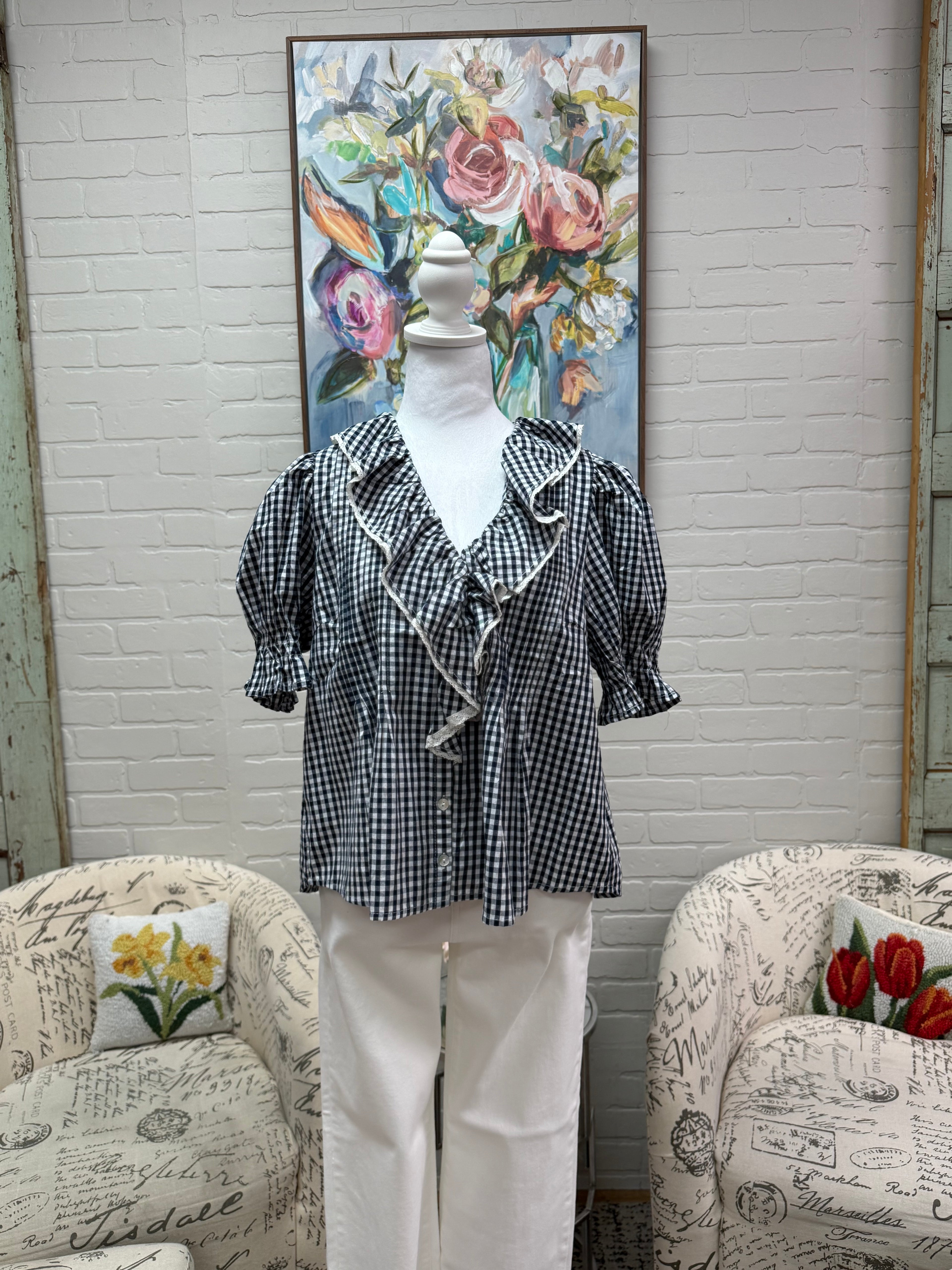Navy Gingham Ruffle Top