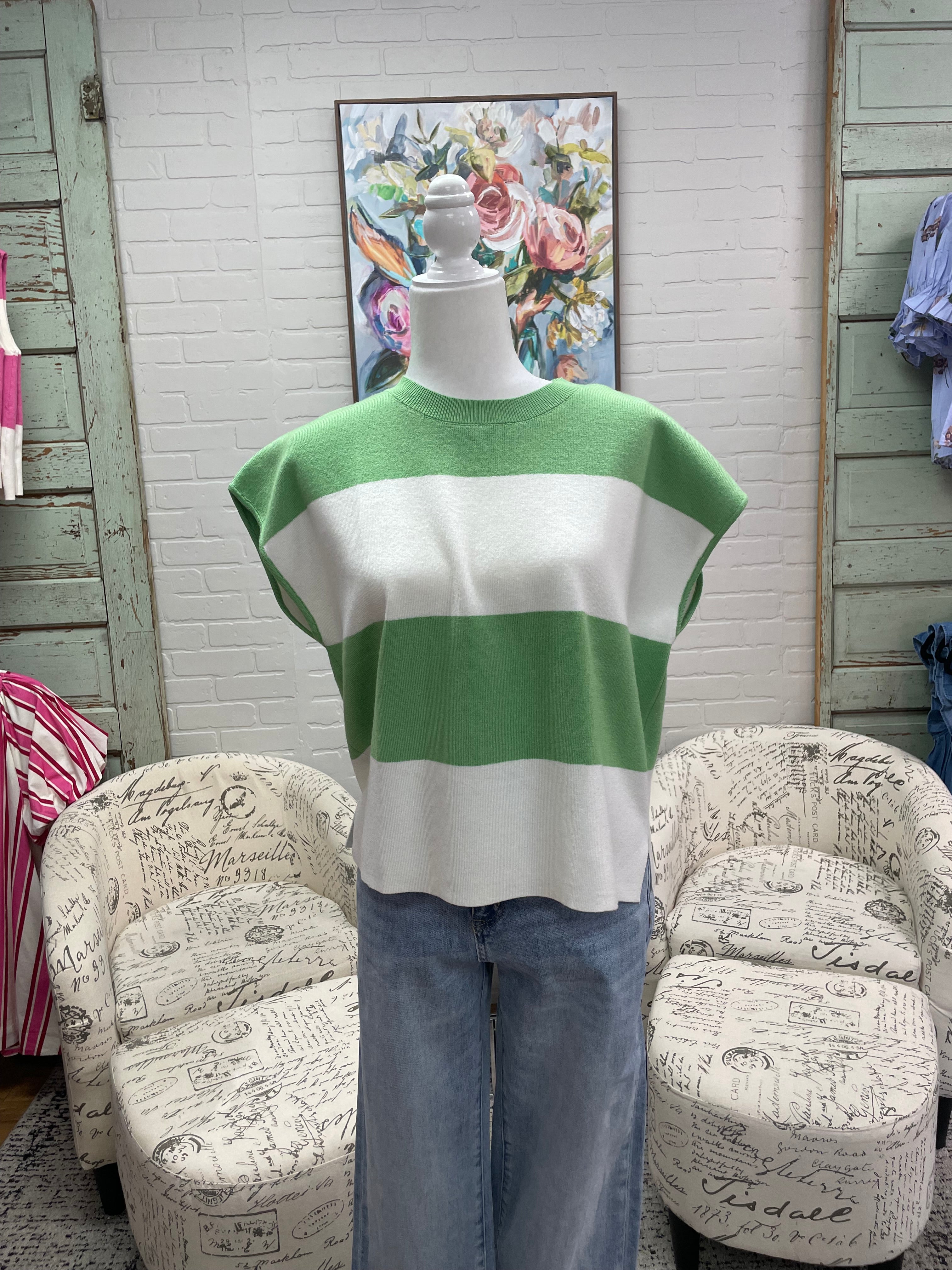 Lime Striped Sleeveless Sweater