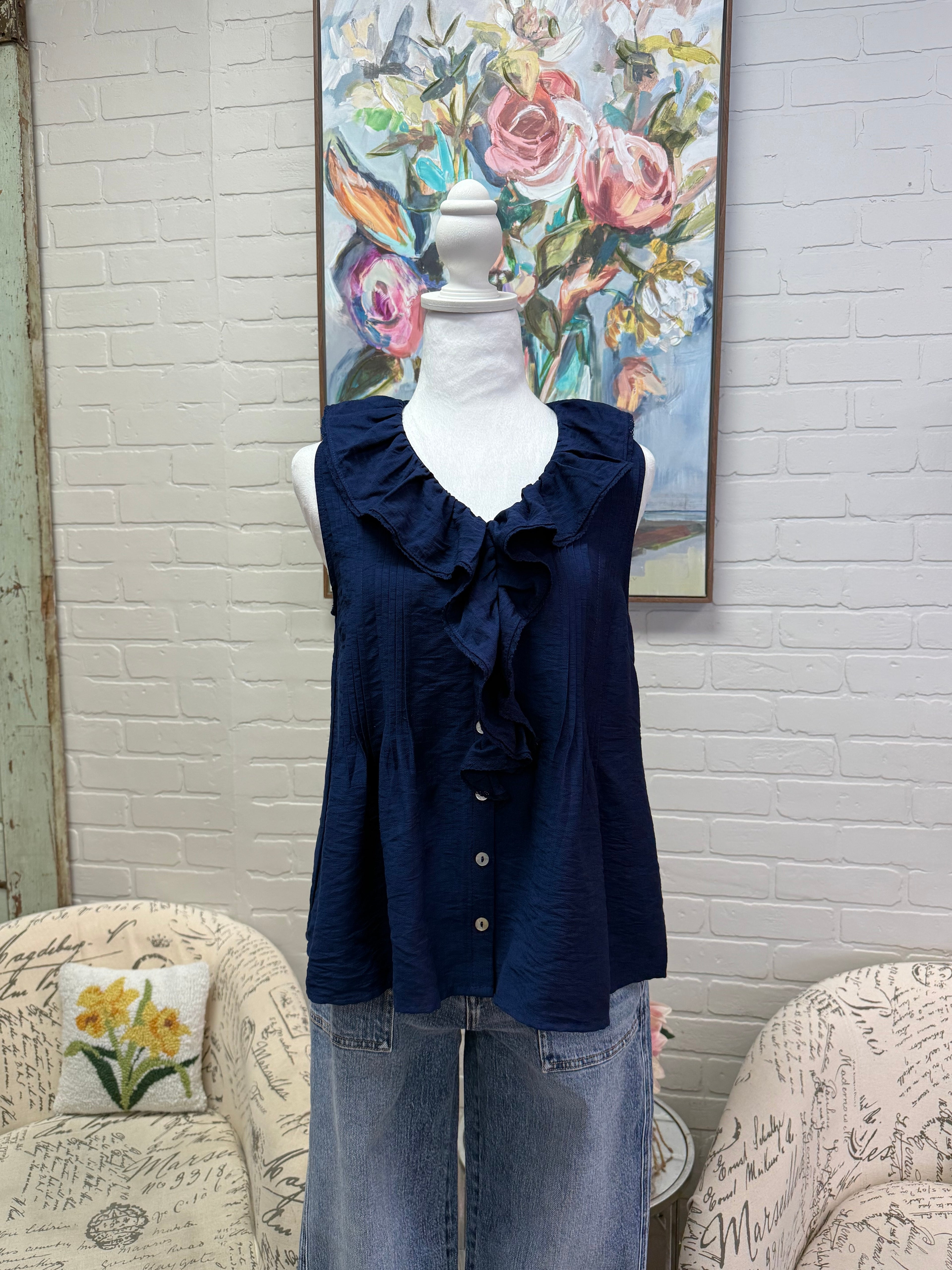 Navy Ruffle Blouse