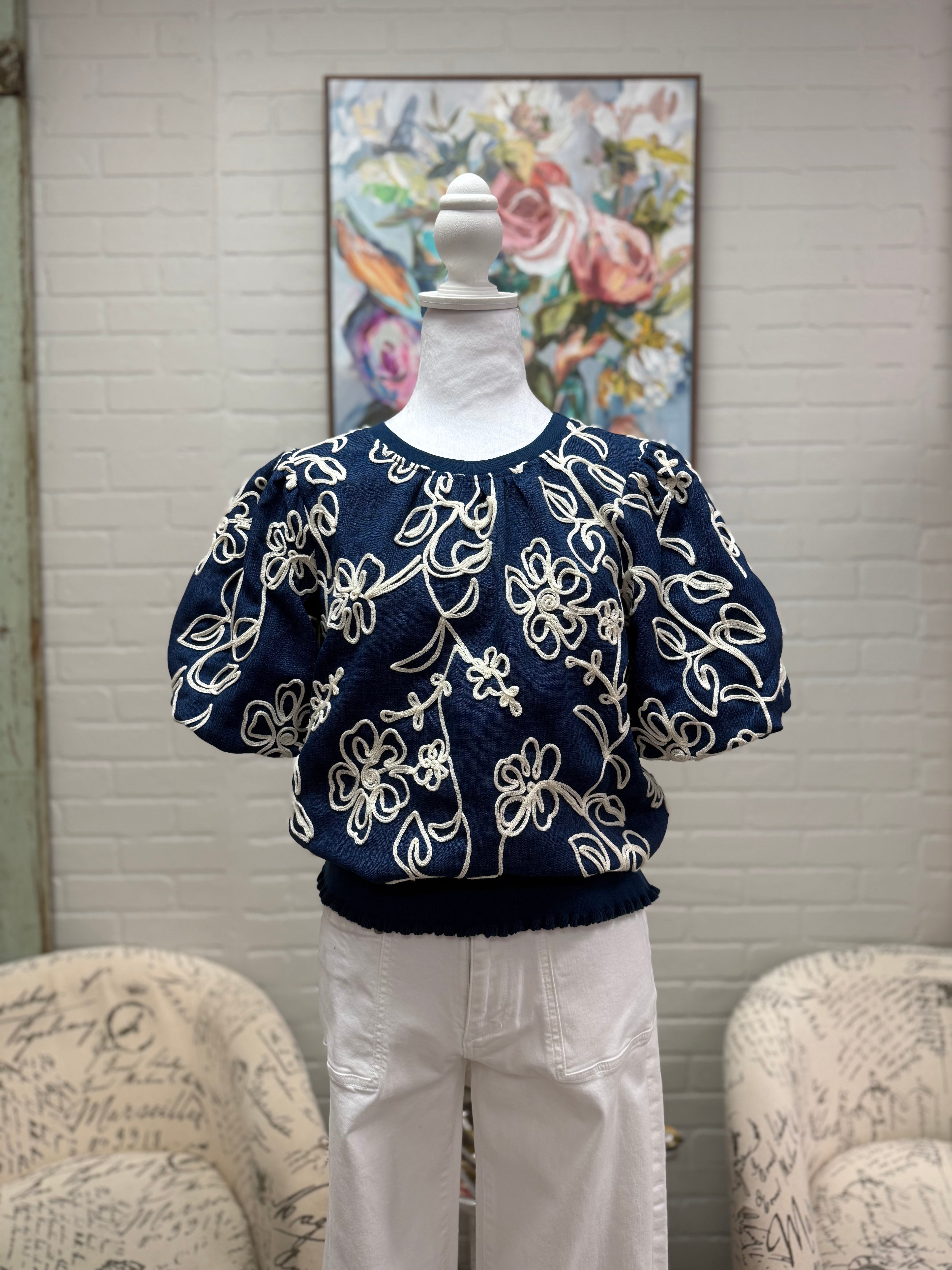 Navy Embroidered Bubble Sleeve Top