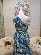 Blue Floral Tiered Midi Dress