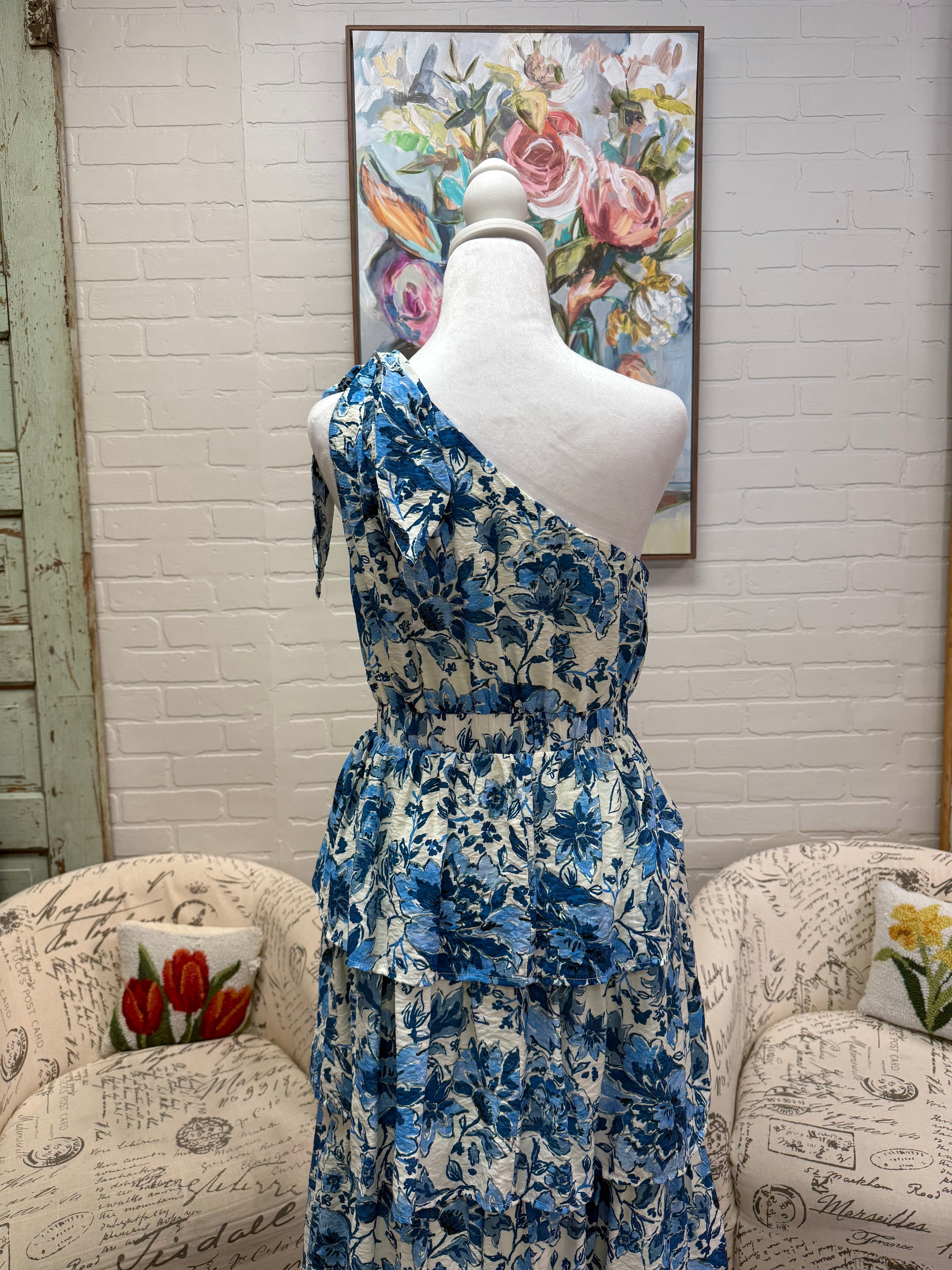 Blue Floral Tiered Midi Dress
