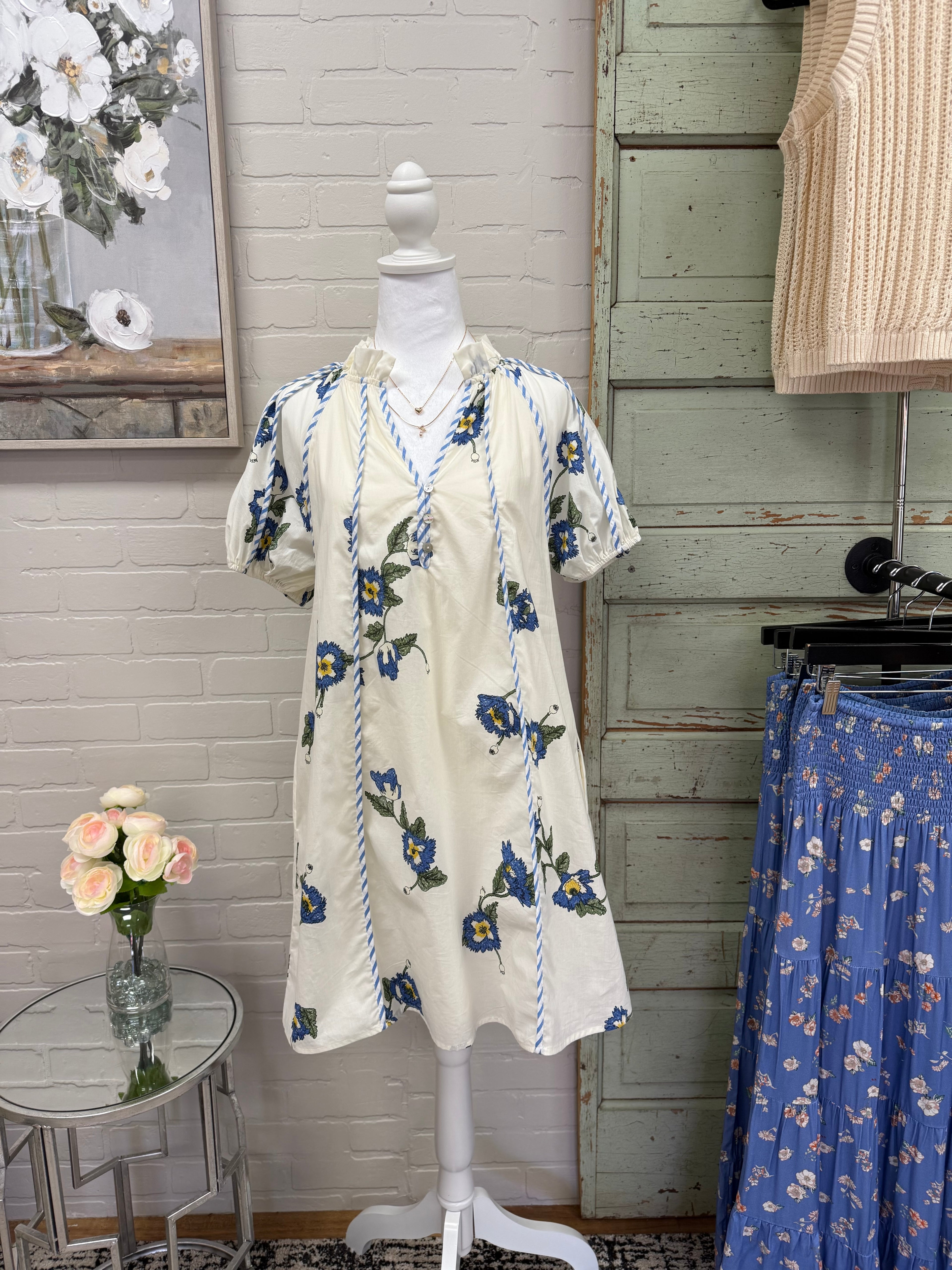 Cream & Blue Floral Dress
