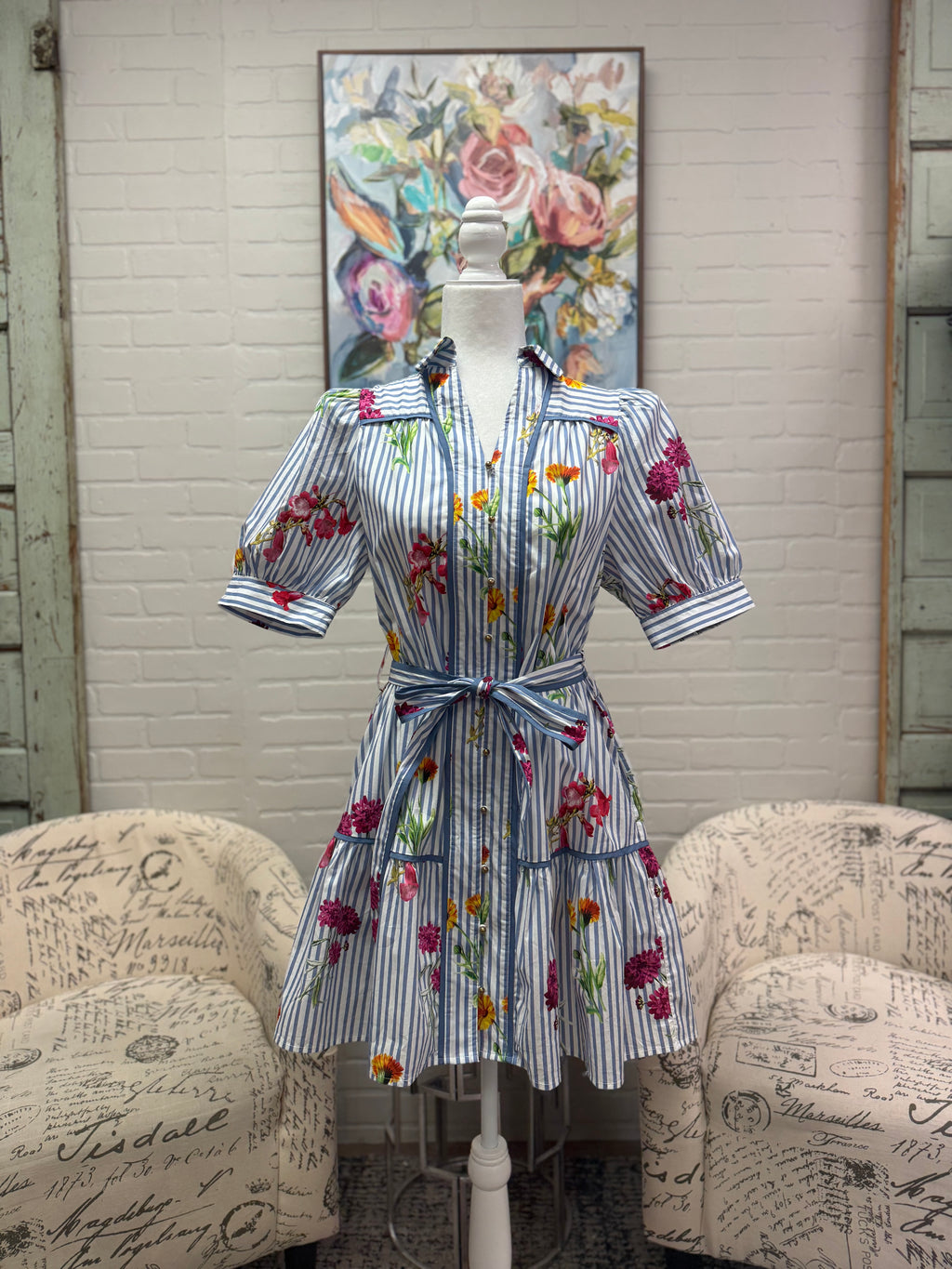 Blue Striped Floral Mini Dress