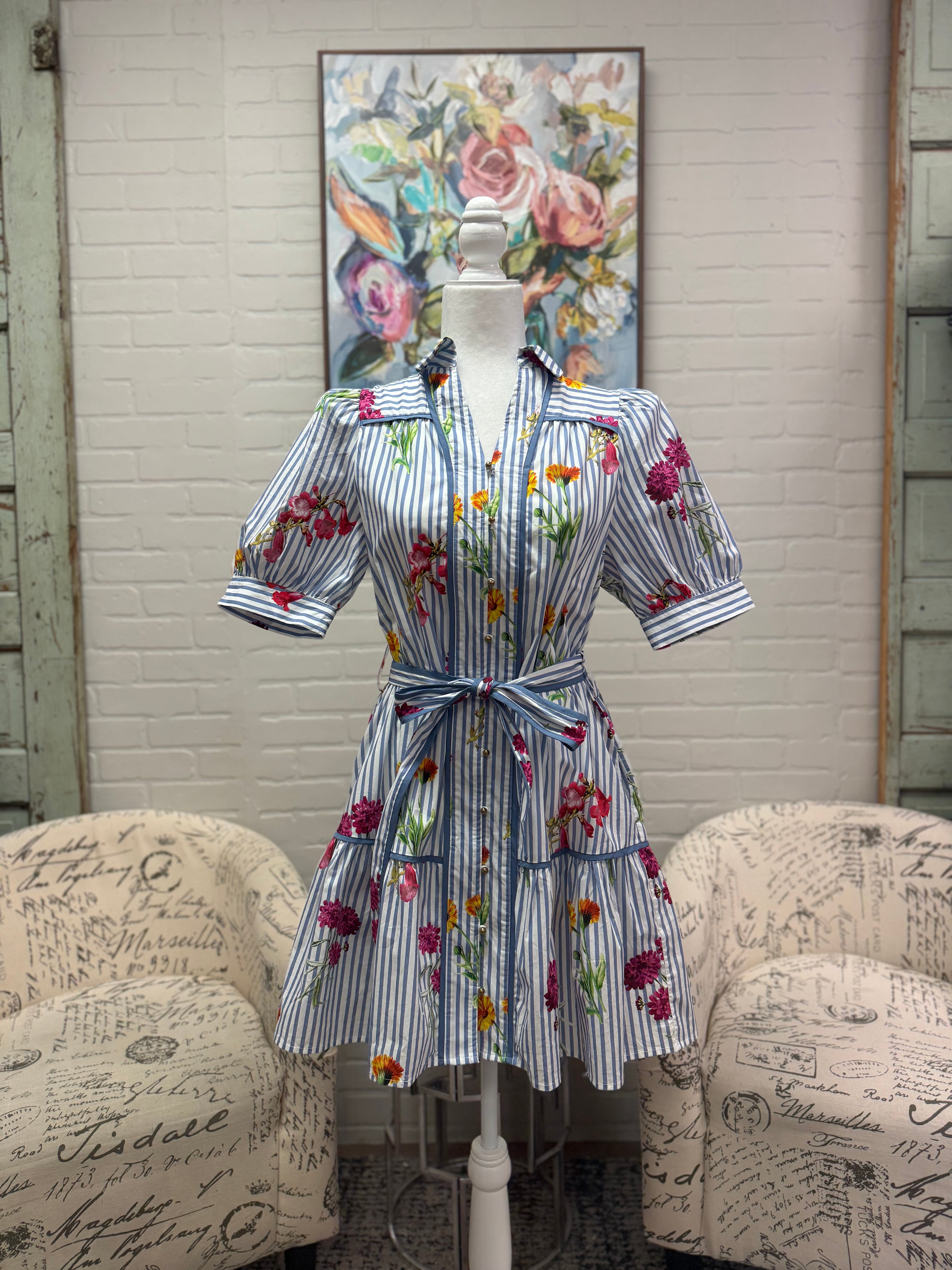 Blue Striped Floral Mini Dress