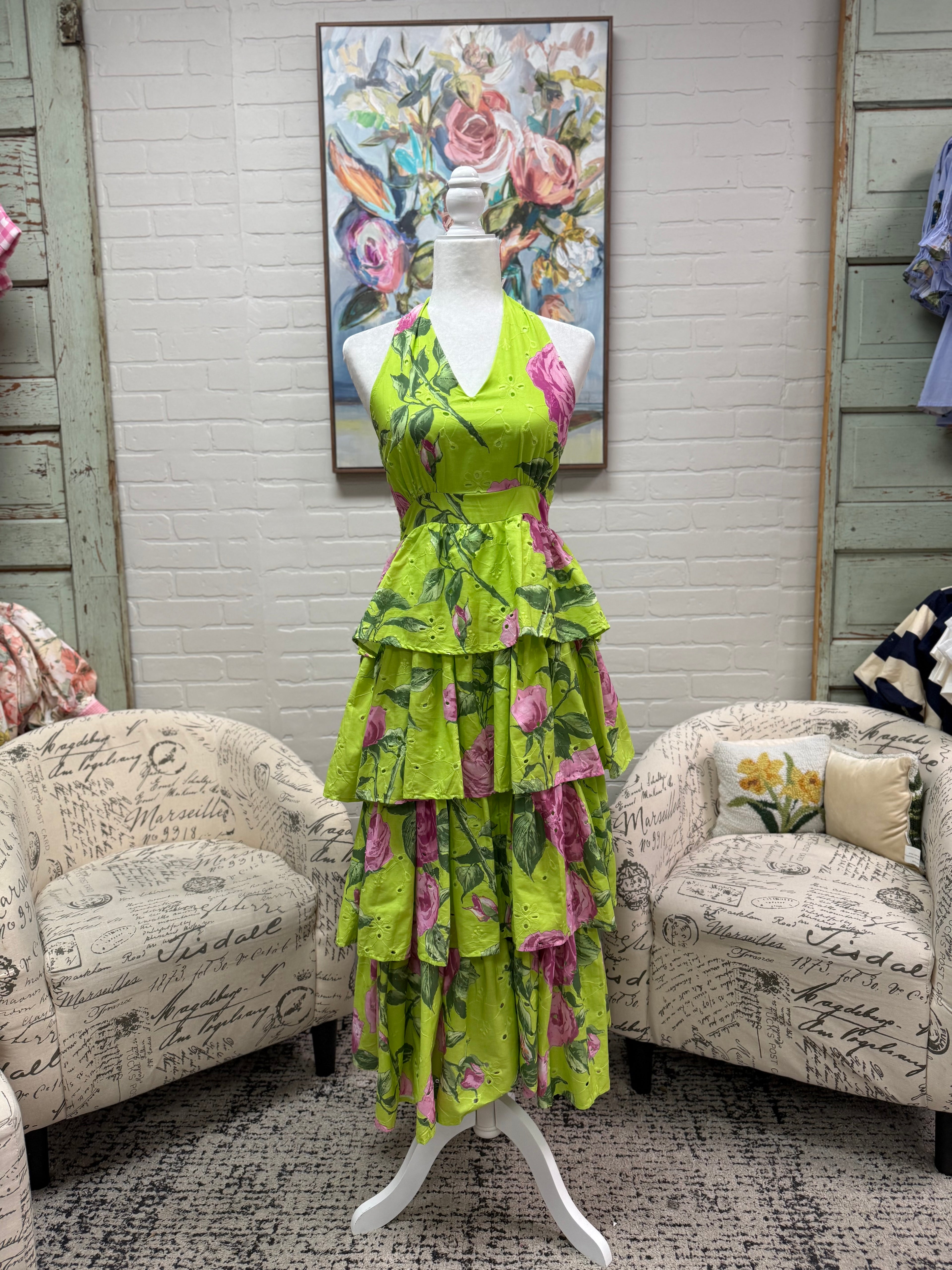 Chartreuse Floral Midi Dress