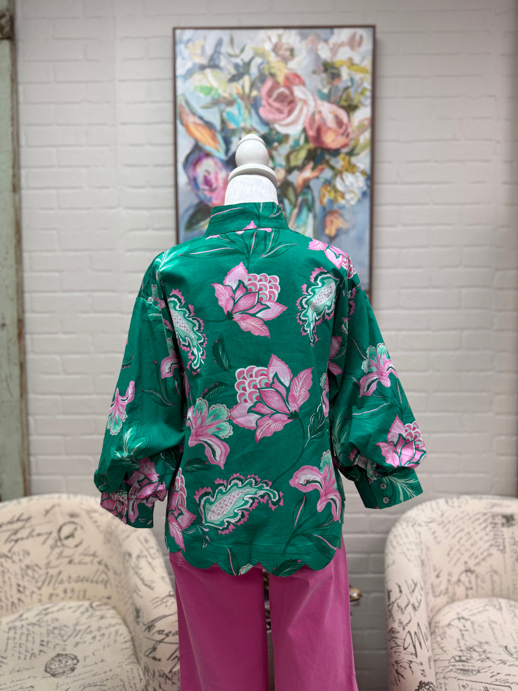 Green Floral 3/4 Sleeve Blouse
