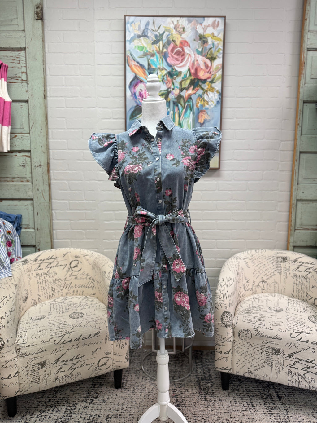 Light Blue Denim Floral Dress
