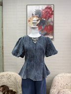 Denim Top w/ Pearl Bow