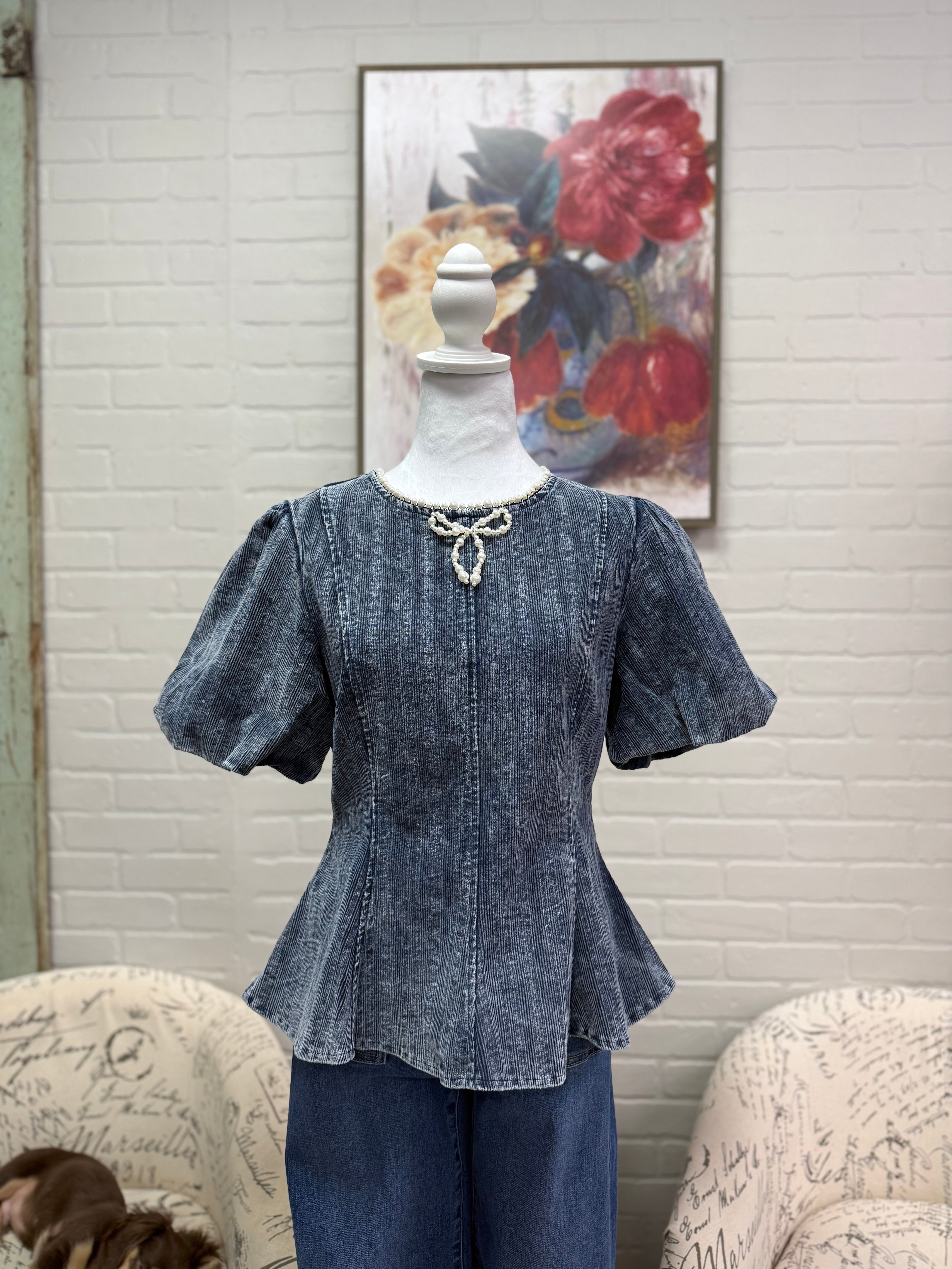 Denim Top w/ Pearl Bow
