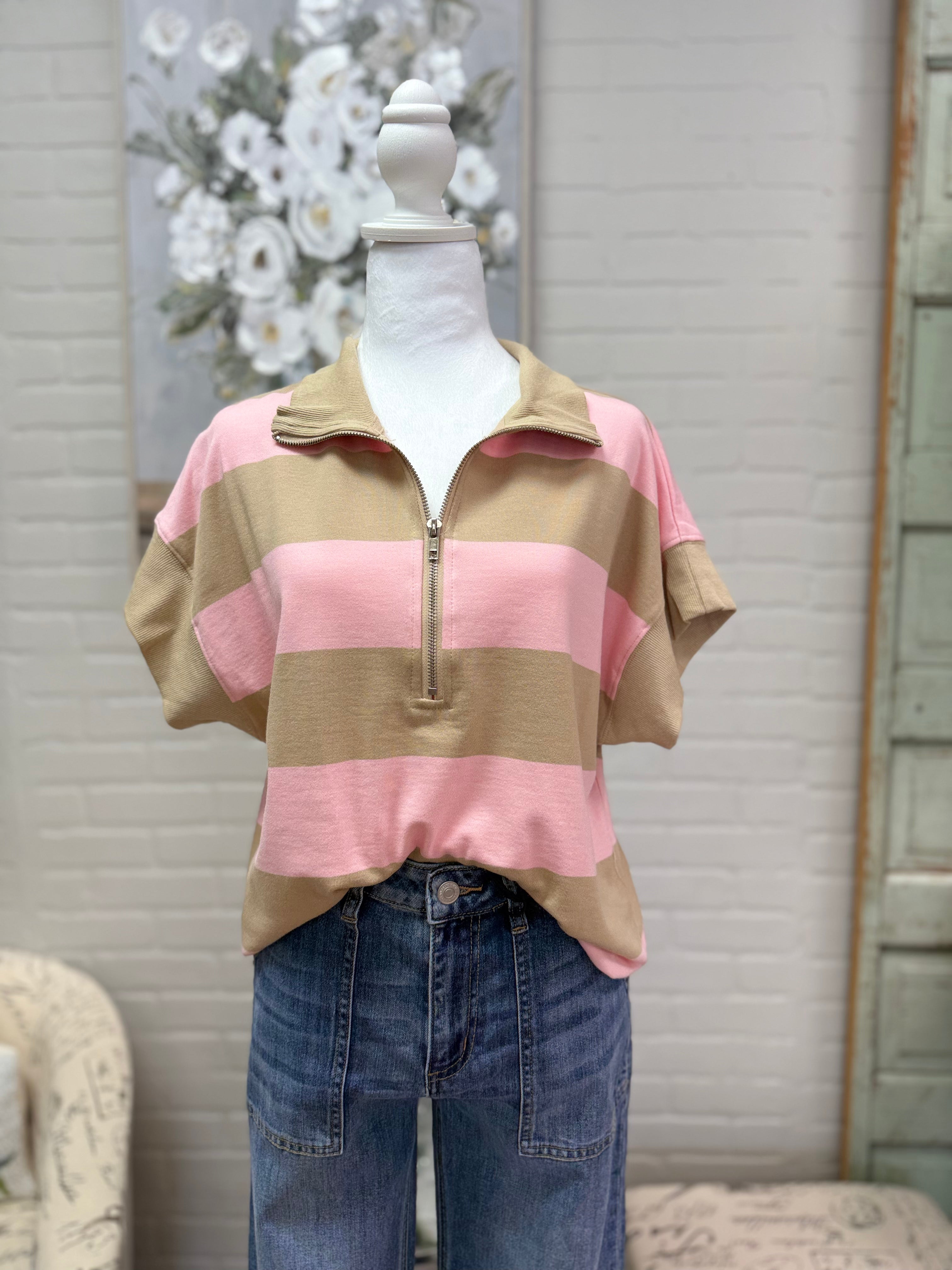 Pink & Tan Striped Zip Pullover