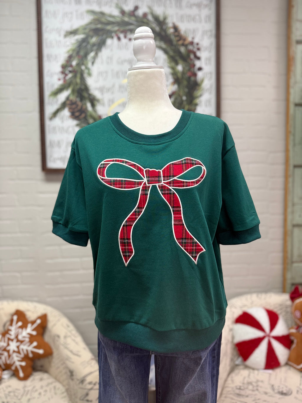 Green Plaid Bow Knit Top