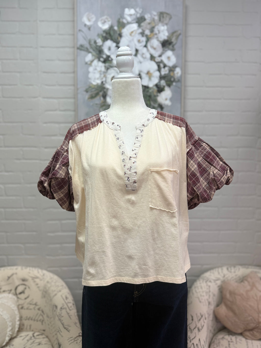 Berry Plaid Puff Sleeve Top