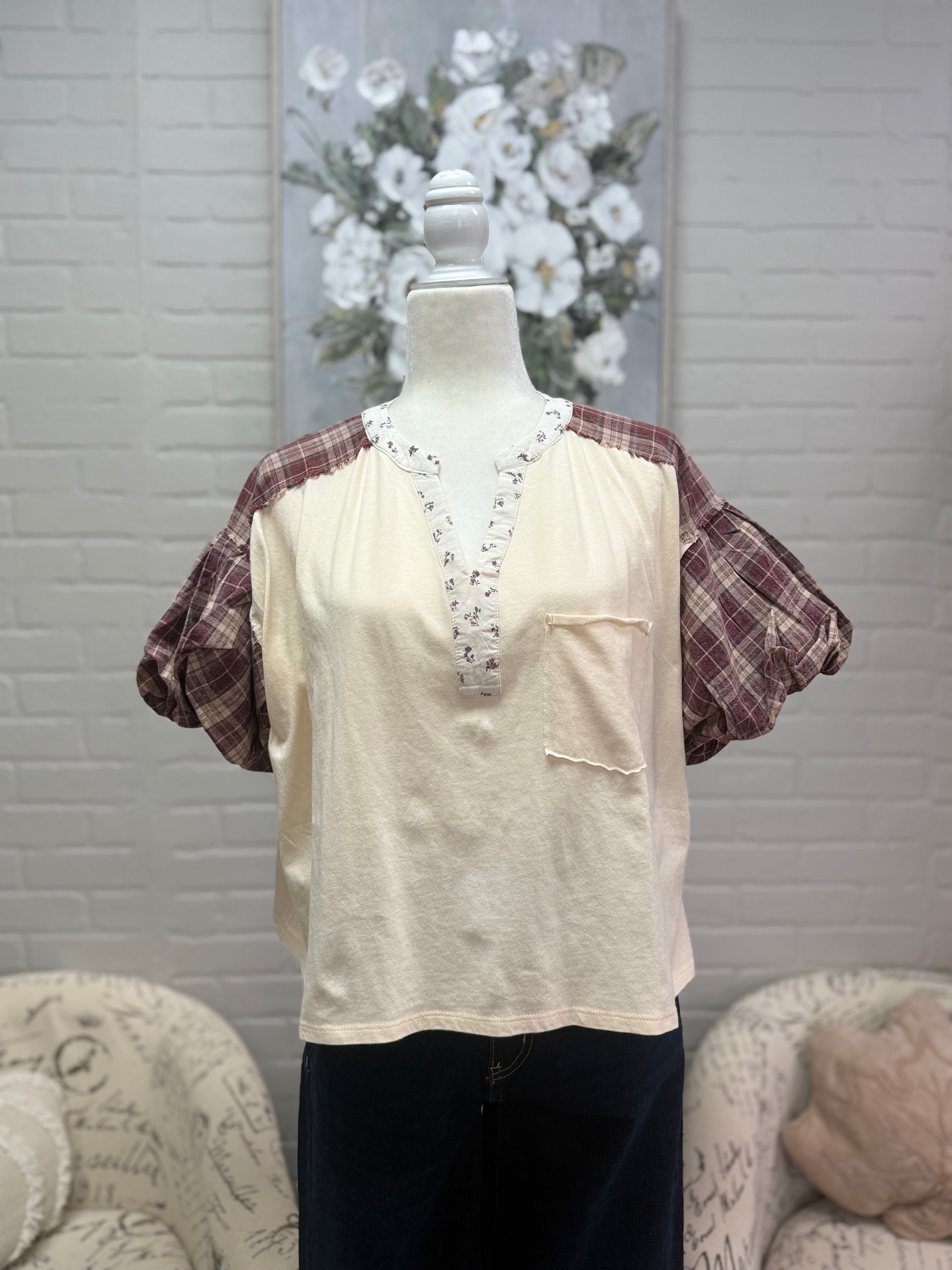 Berry Plaid Puff Sleeve Top