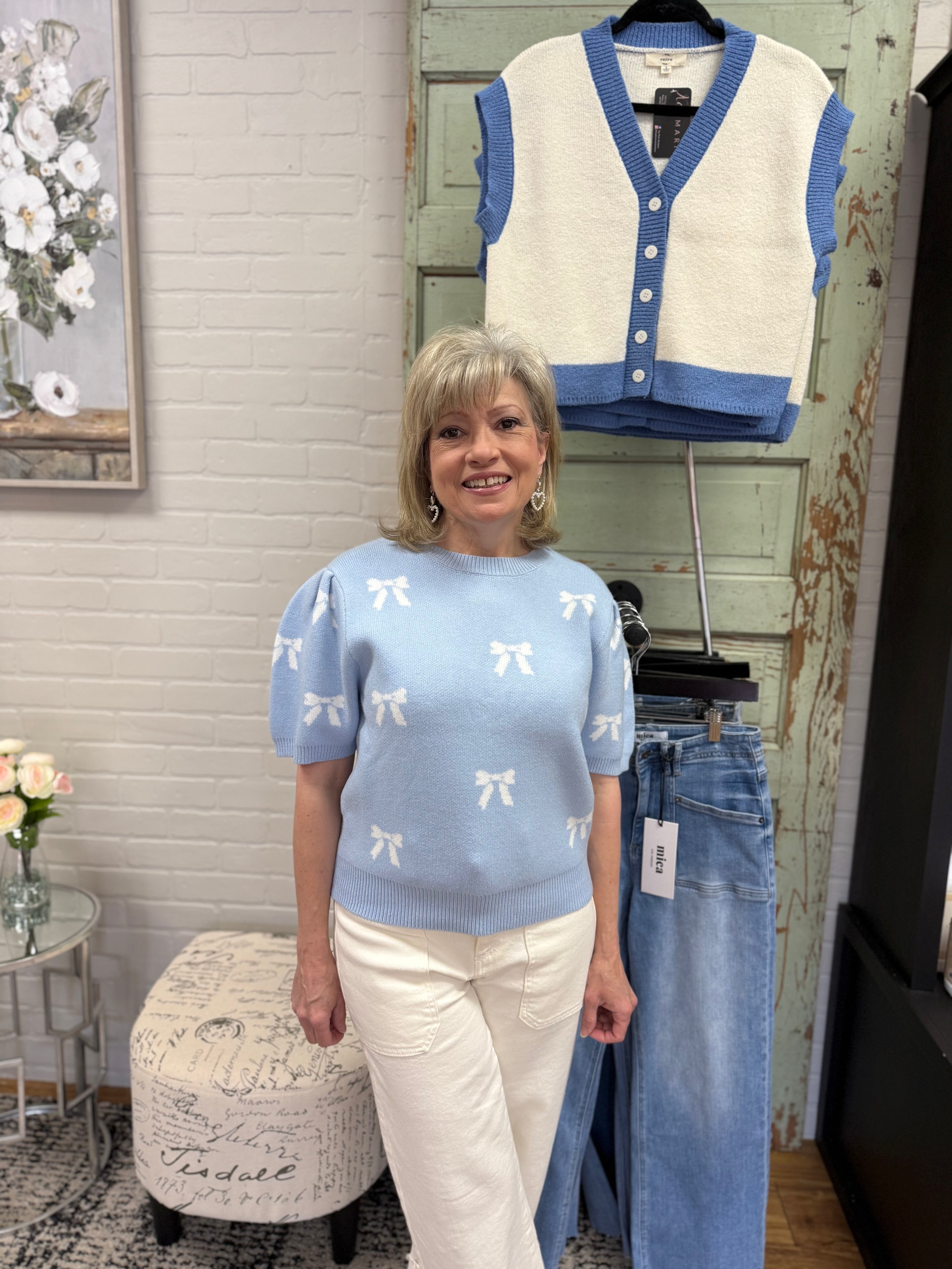 Blue and White Bow Sweater