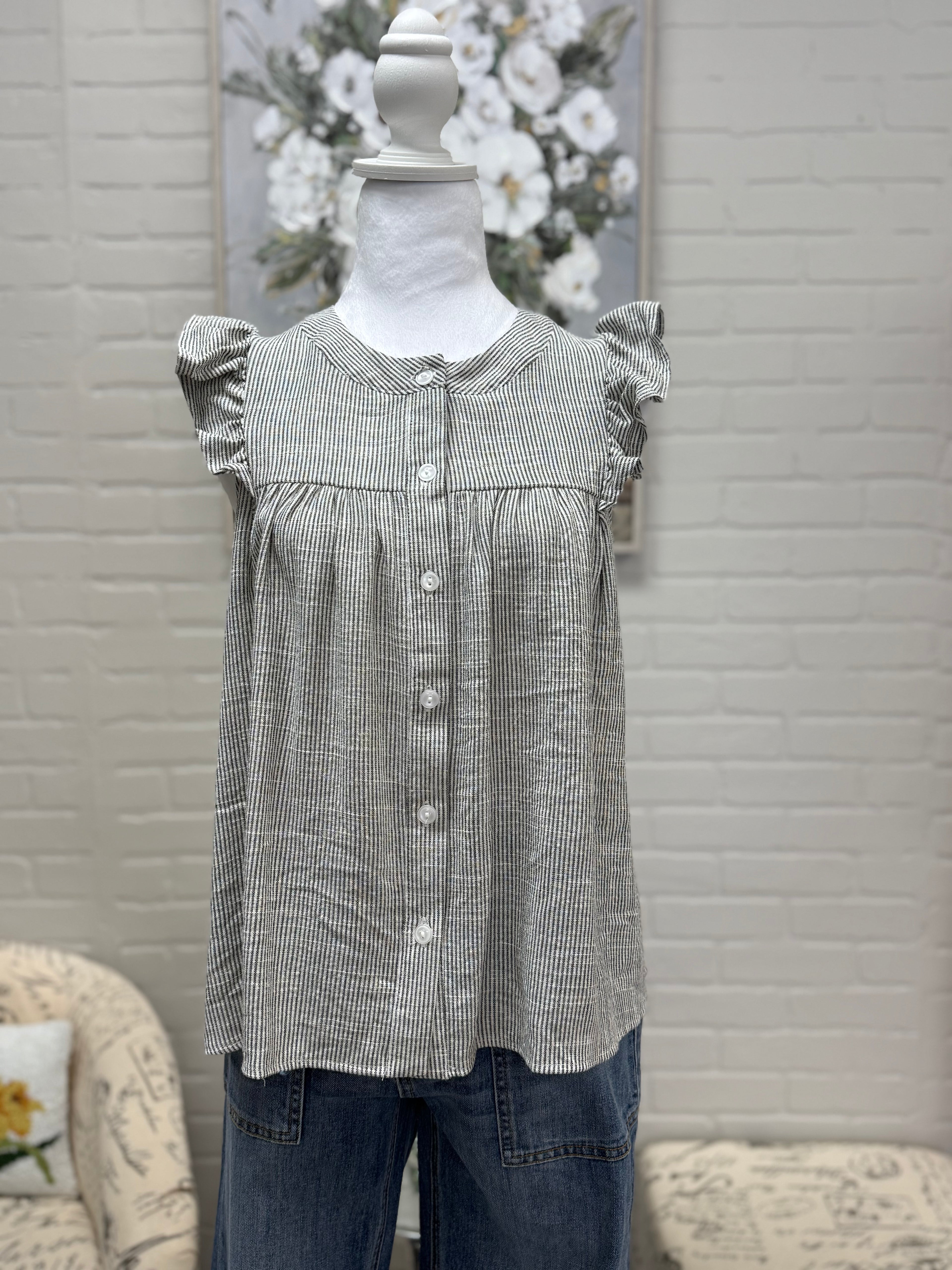 Stripe Button Up Ruffle Top