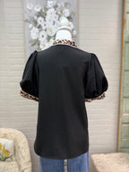 Black Leopard Trim Top