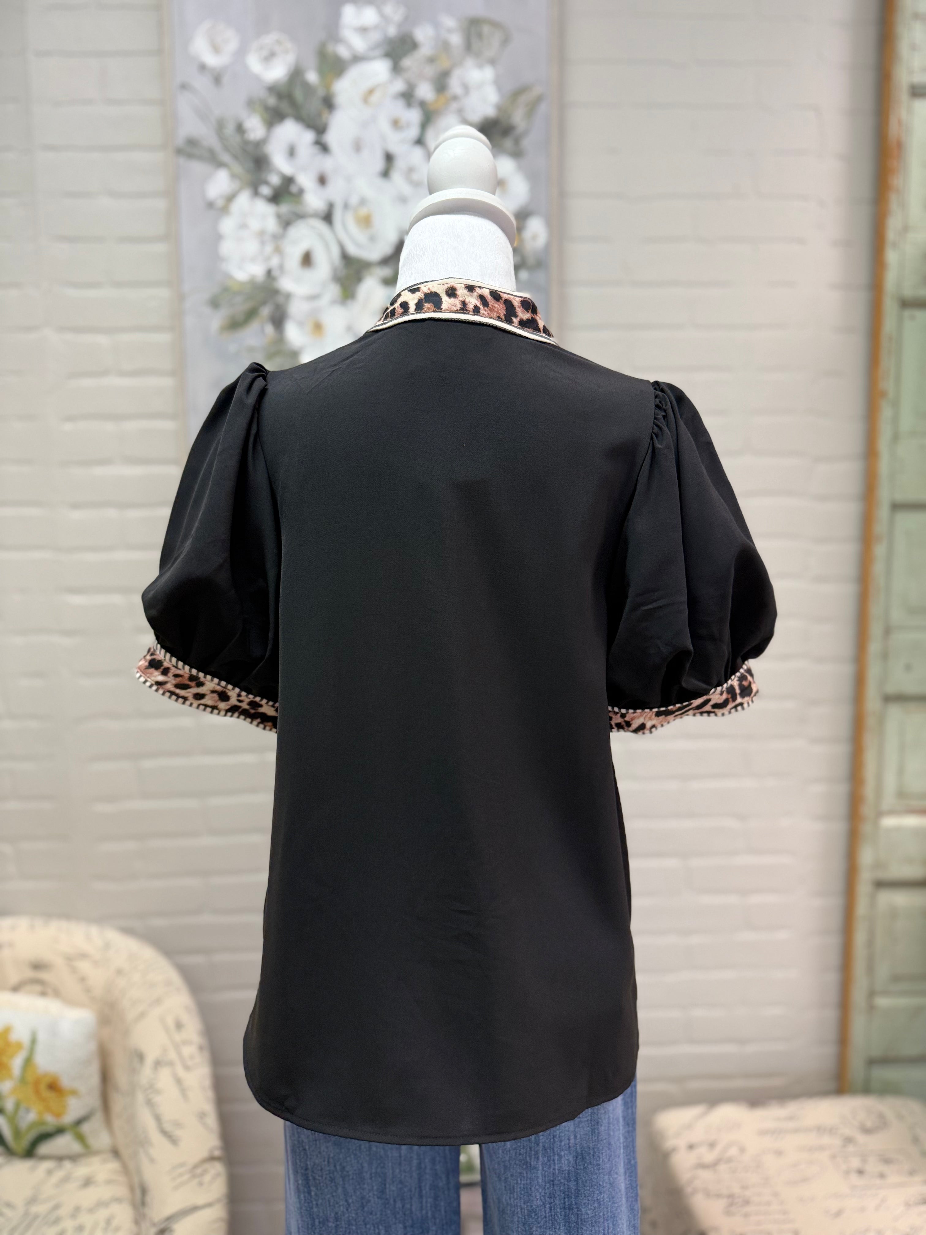 Black Leopard Trim Top