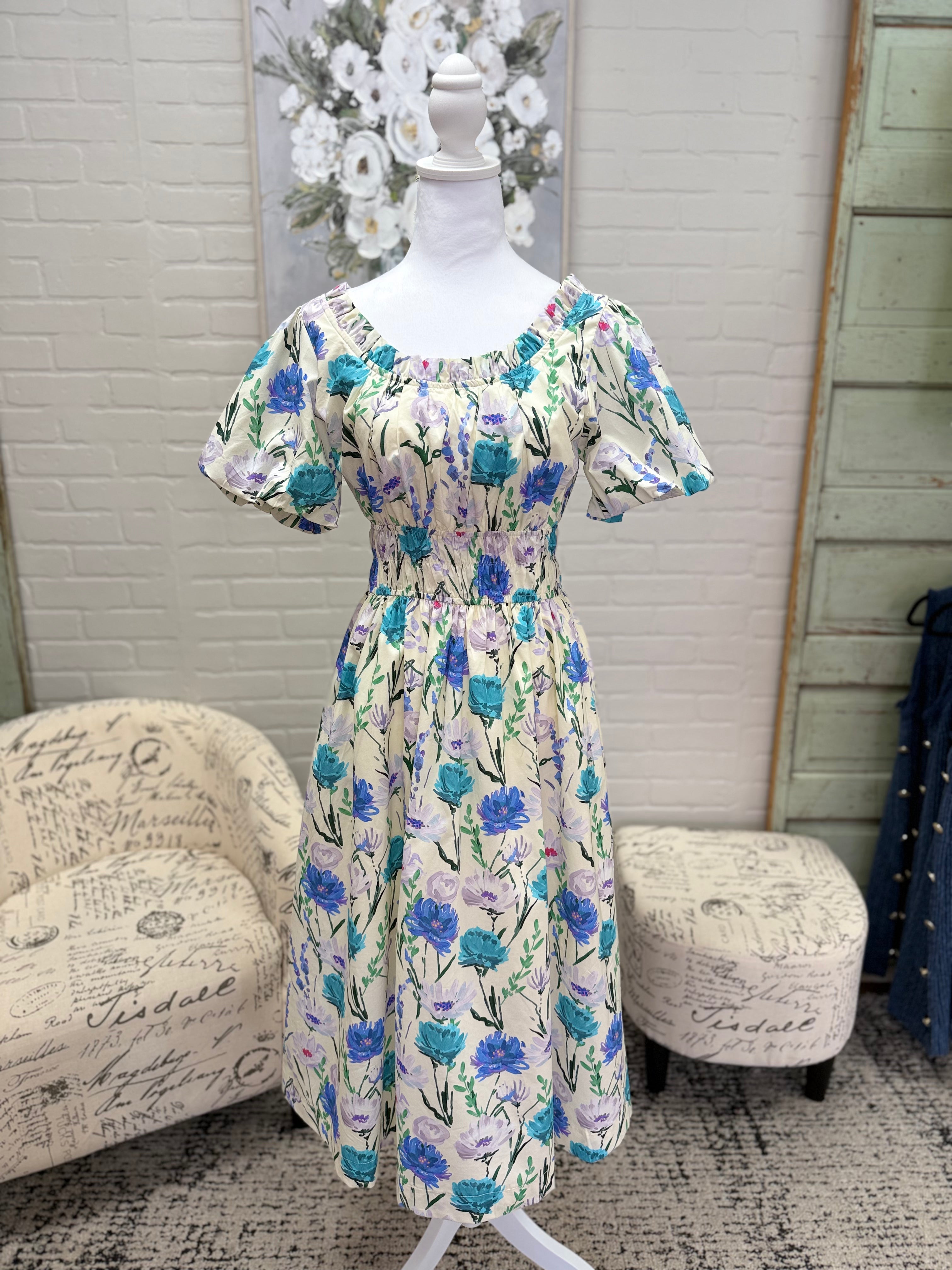 Cream Floral Puff Sleeve Midi