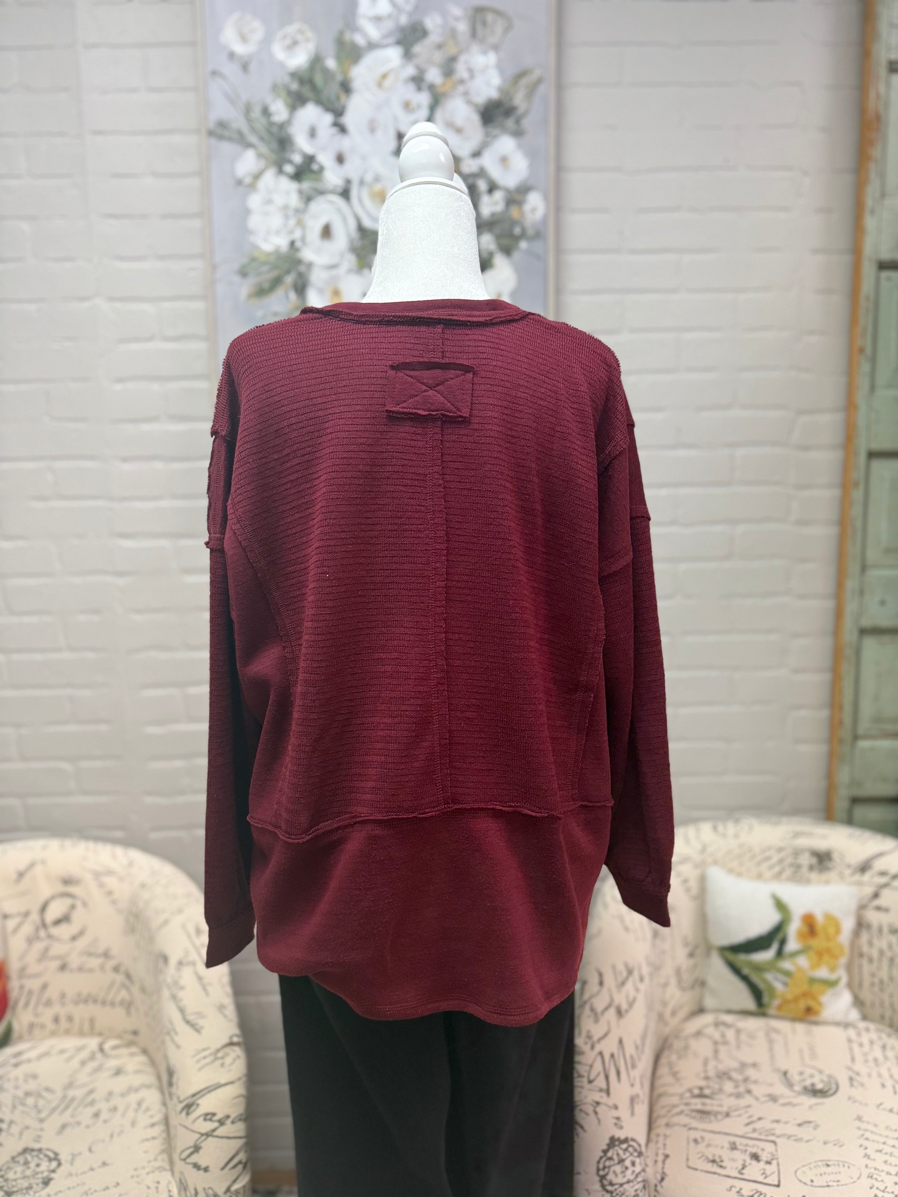 Merlot Split Neck Knit Top