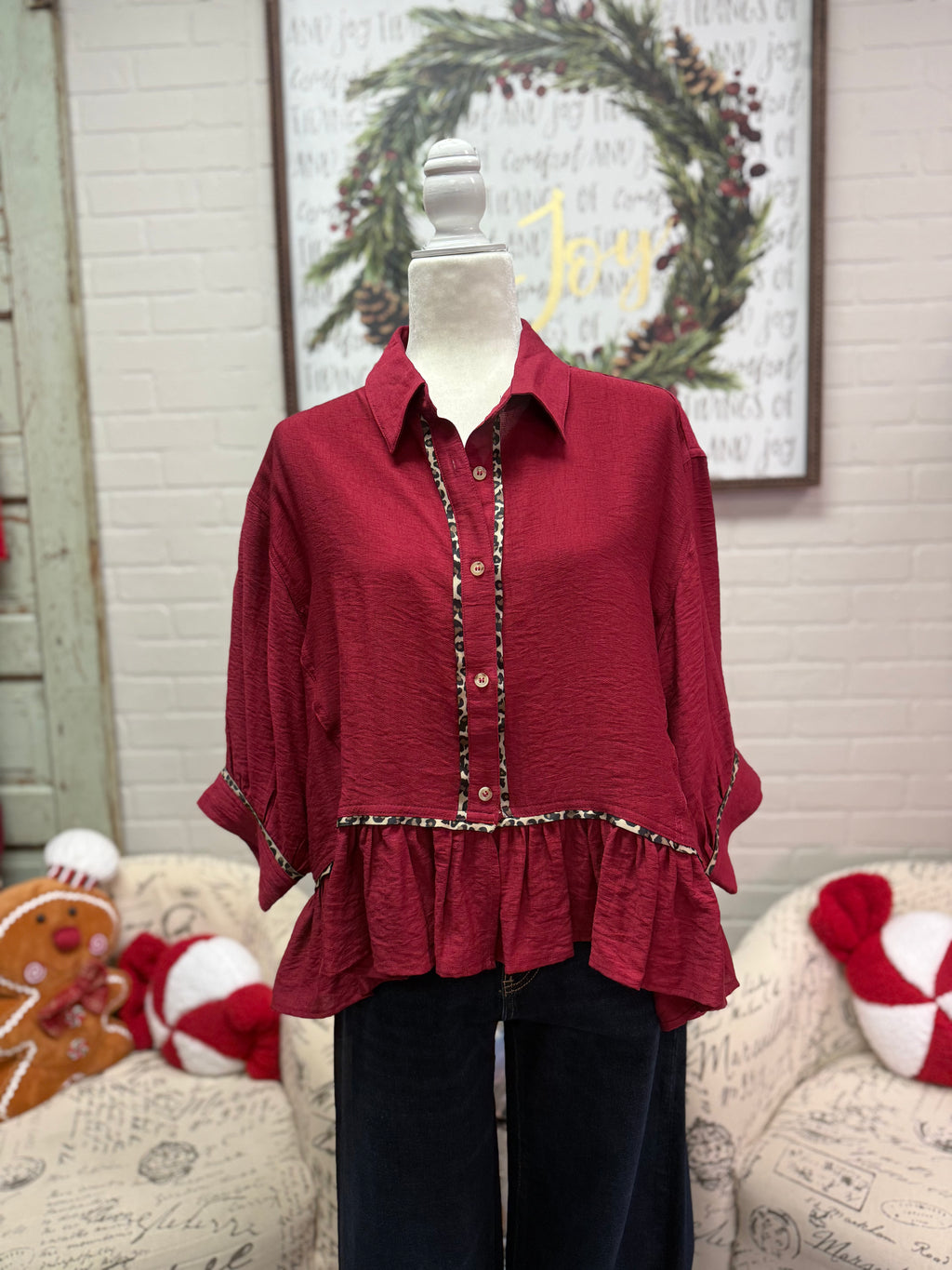 Crimson Button Down w/ Ruffle Hem