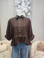 Brown Button Down w/ Ruffle Hem