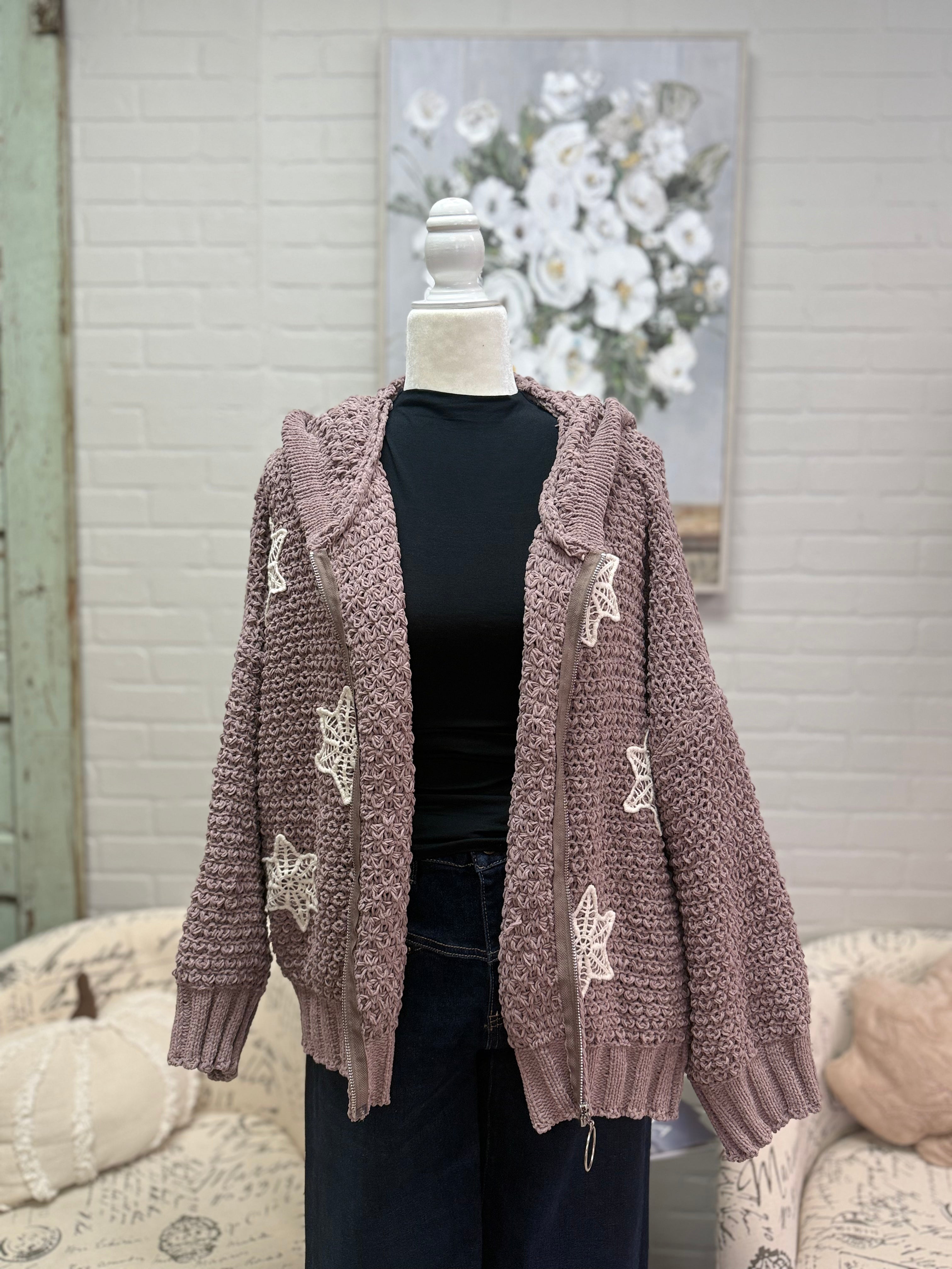 Mocha Crochet Zip-Up Hoodie