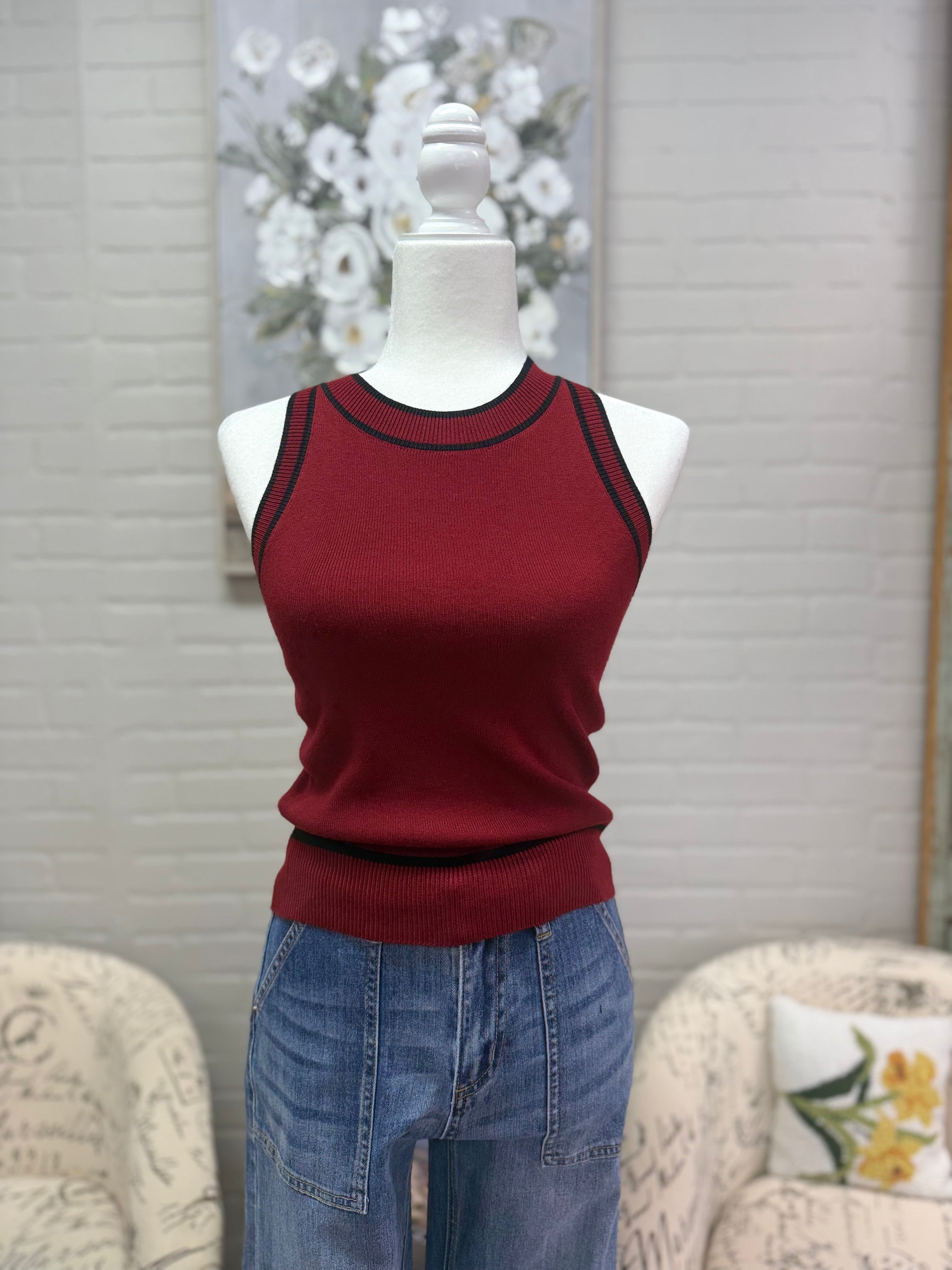 Burgandy Contrast Stripe Halter Top