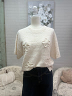 Cream Flower Short Sleeve Sweater