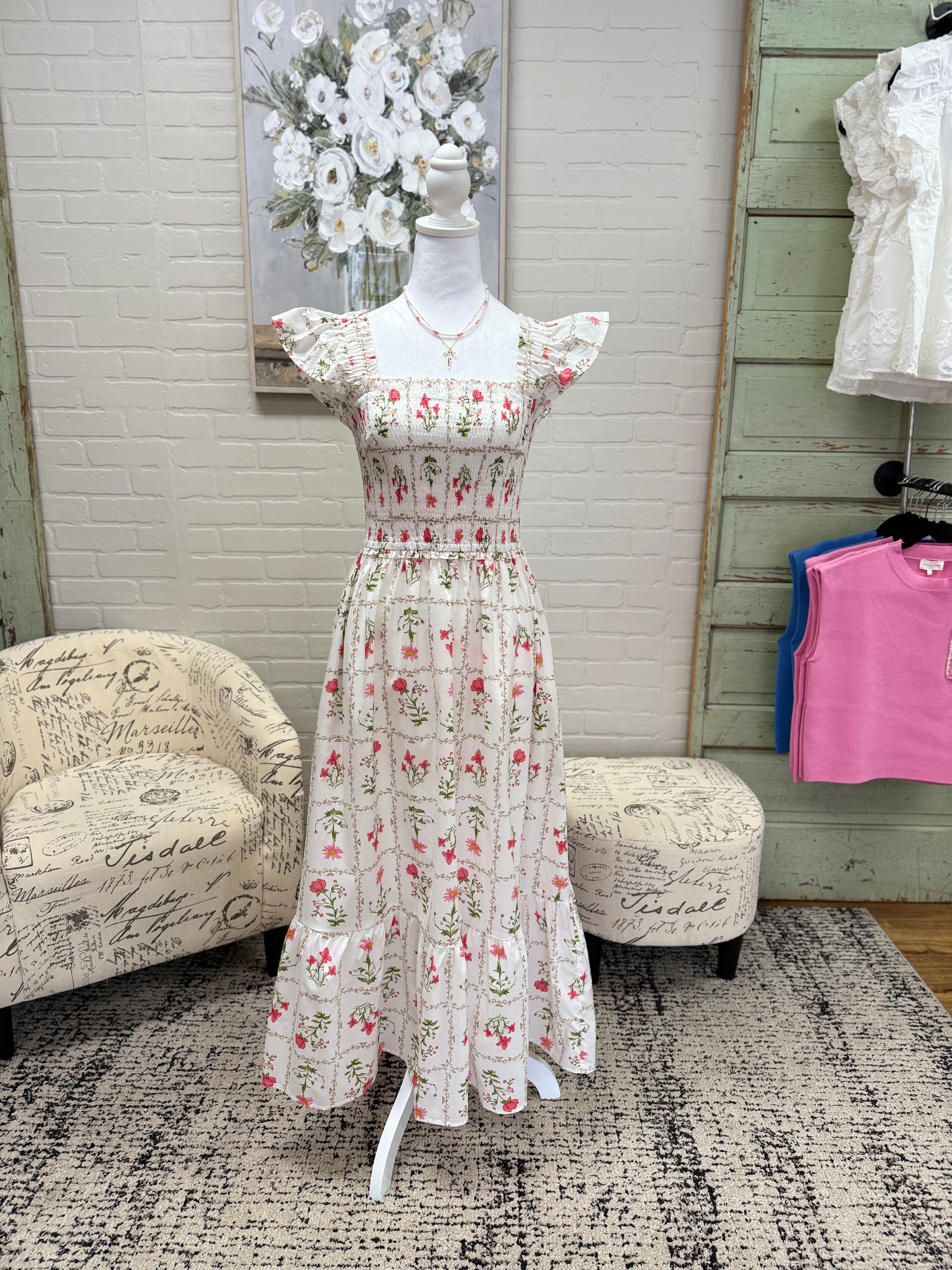 Cream Floral Midi Dress