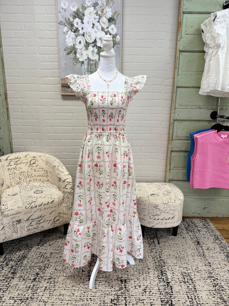 Cream Floral Midi Dress