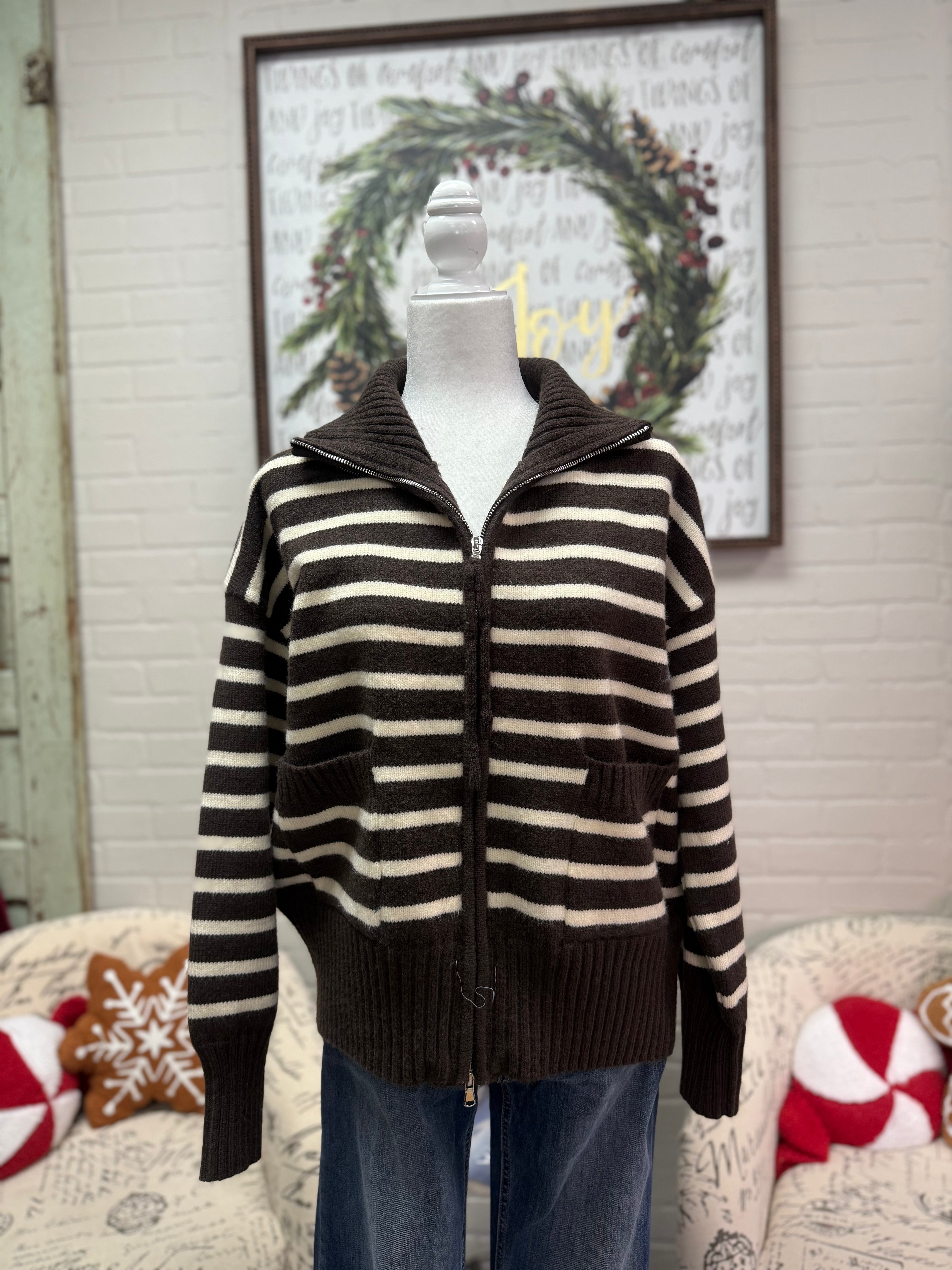 Brown Striped Zip Up Sweater