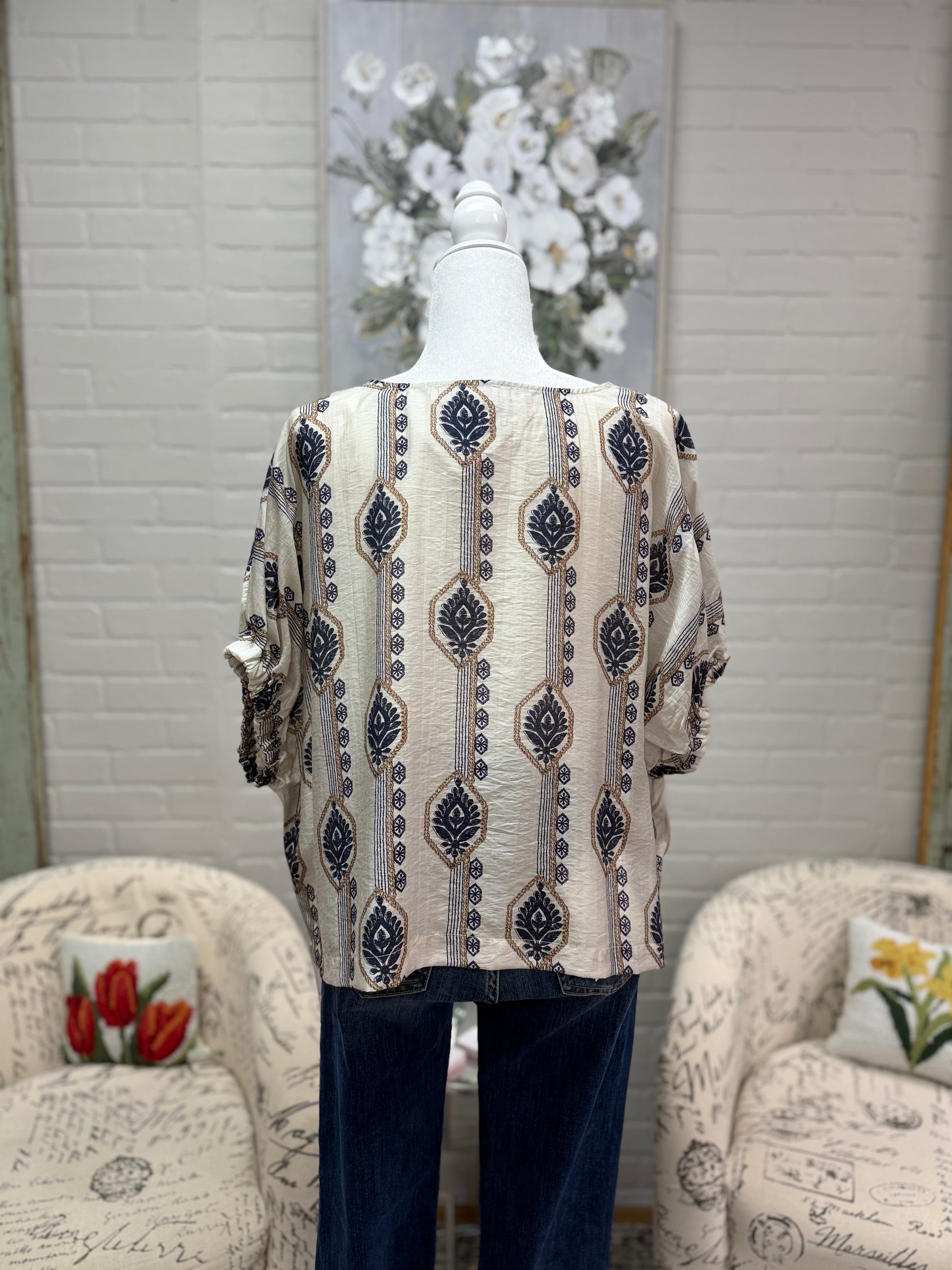 Navy Floral Boat Neck Blouse