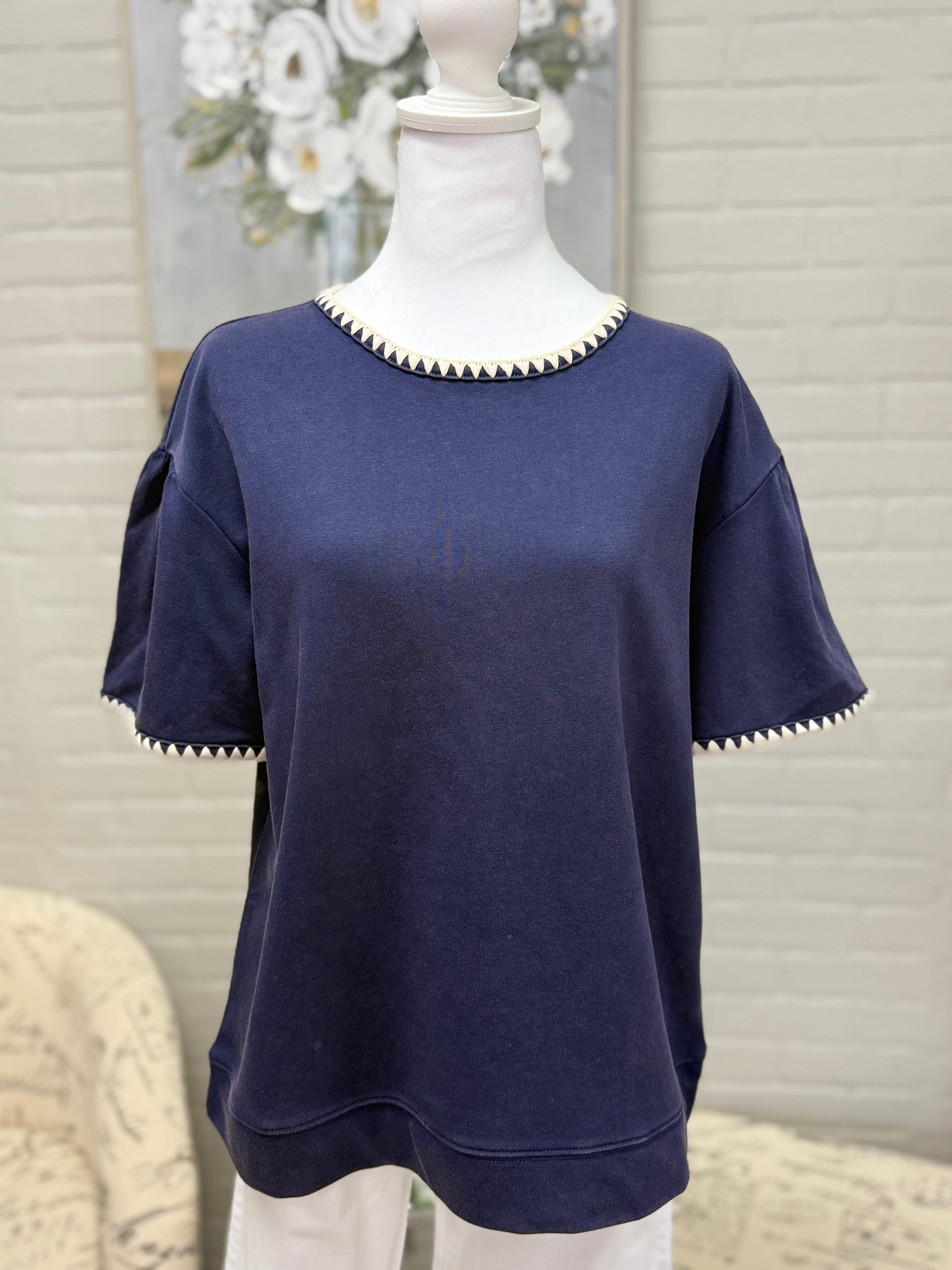 Navy Top w/ Cream Stiching