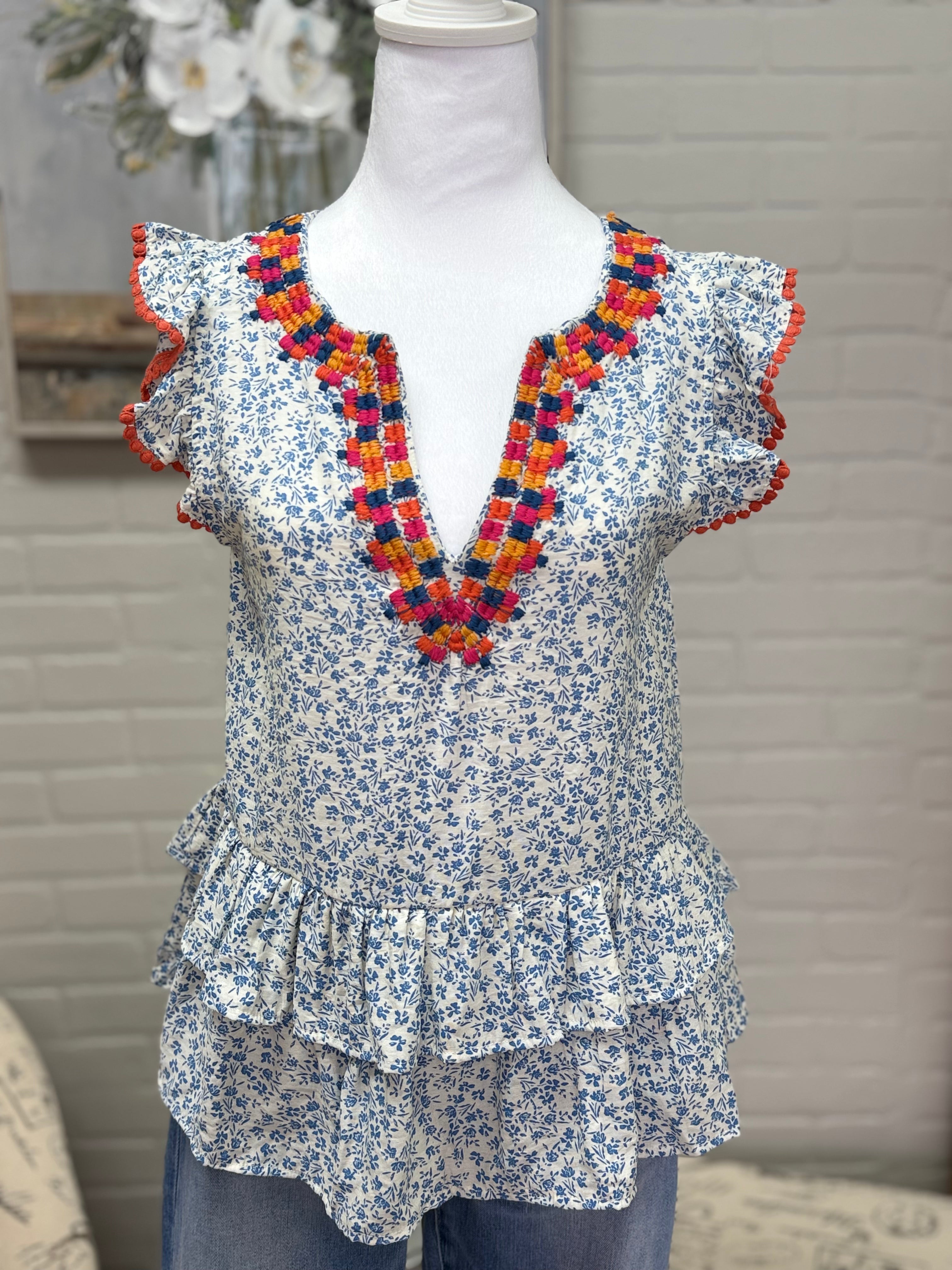 Embroidered Ruffle Sleeve Top