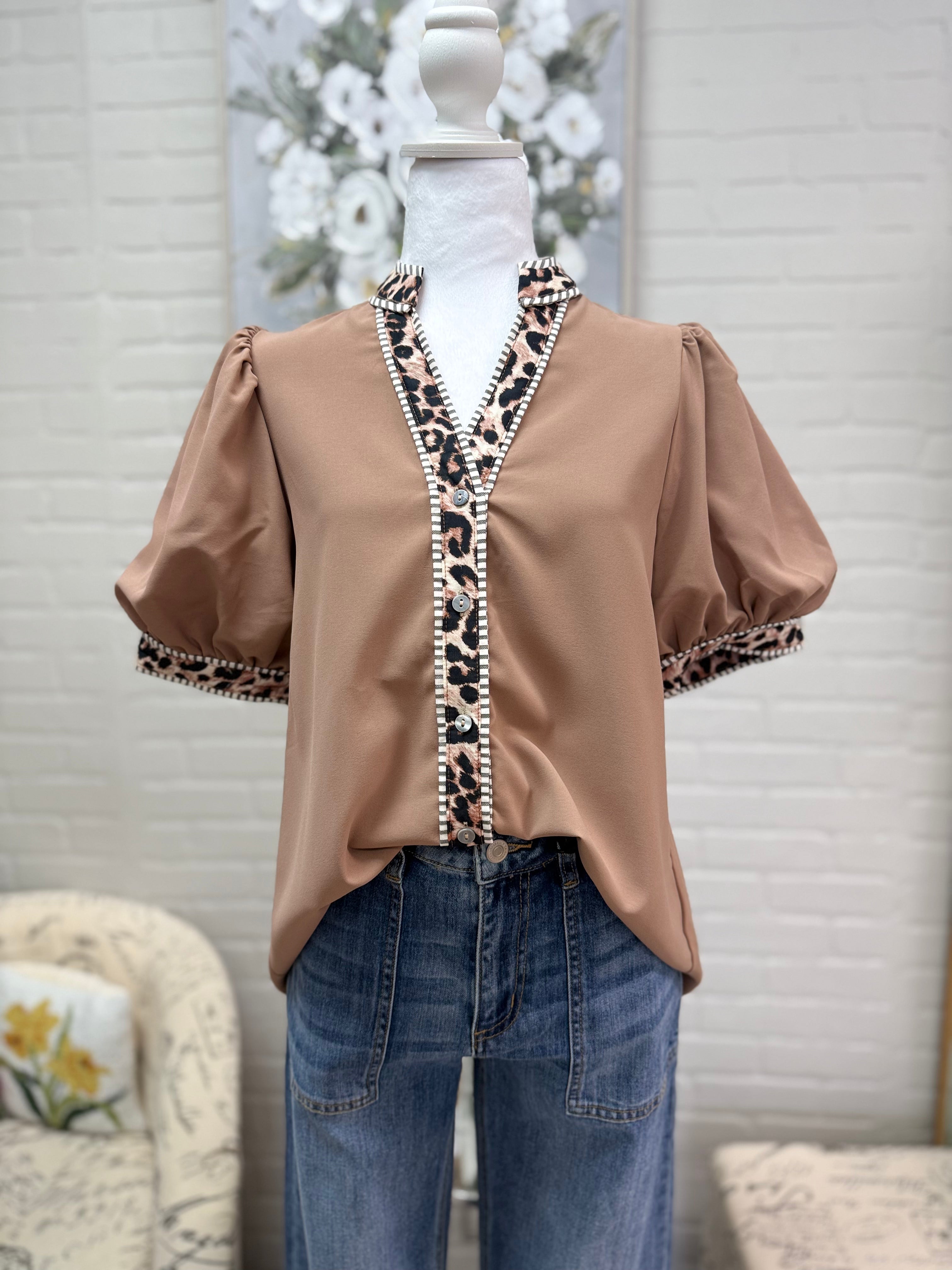 Mocha Leopard Trim Top