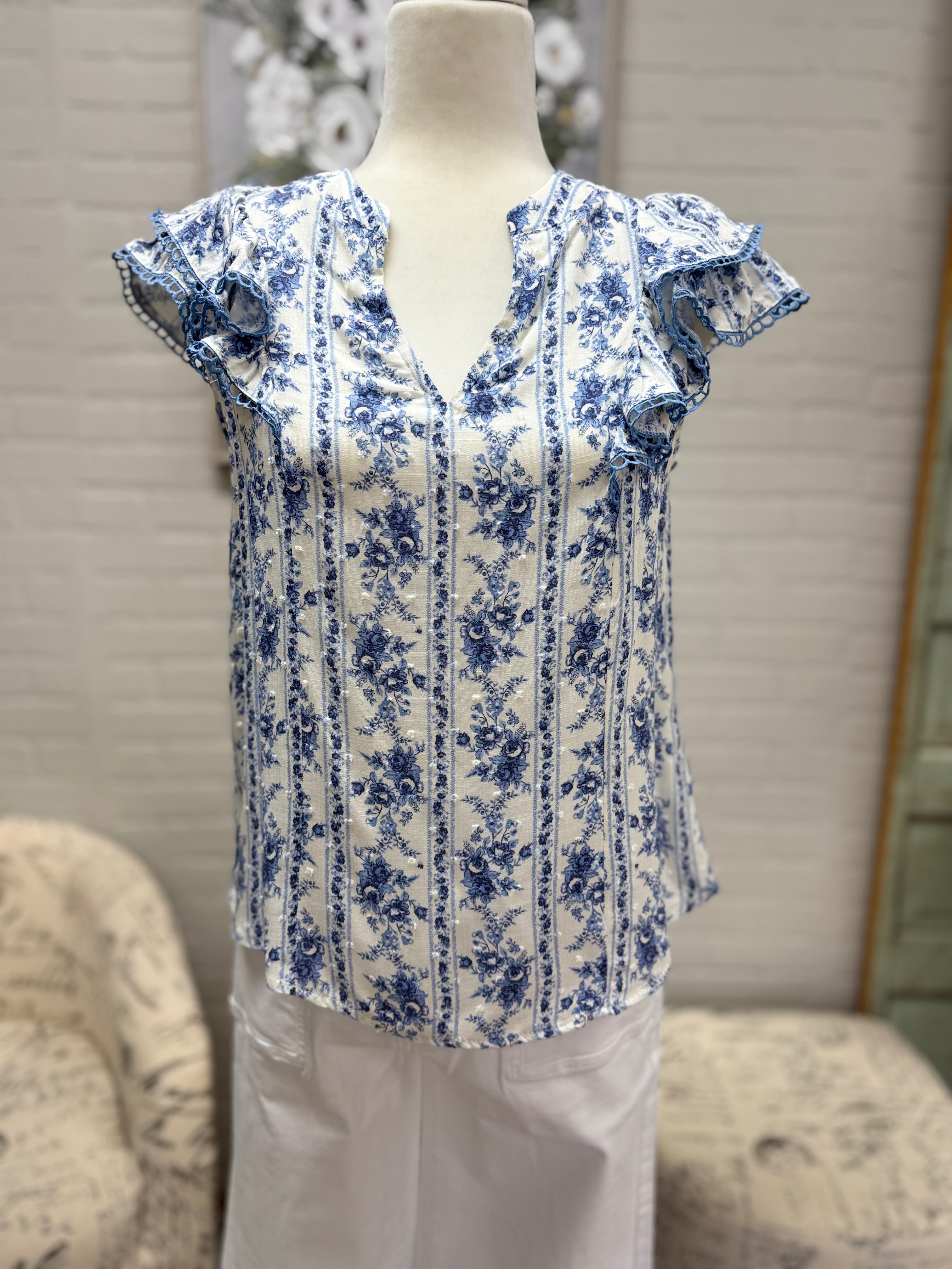 Blue Striped Floral Top