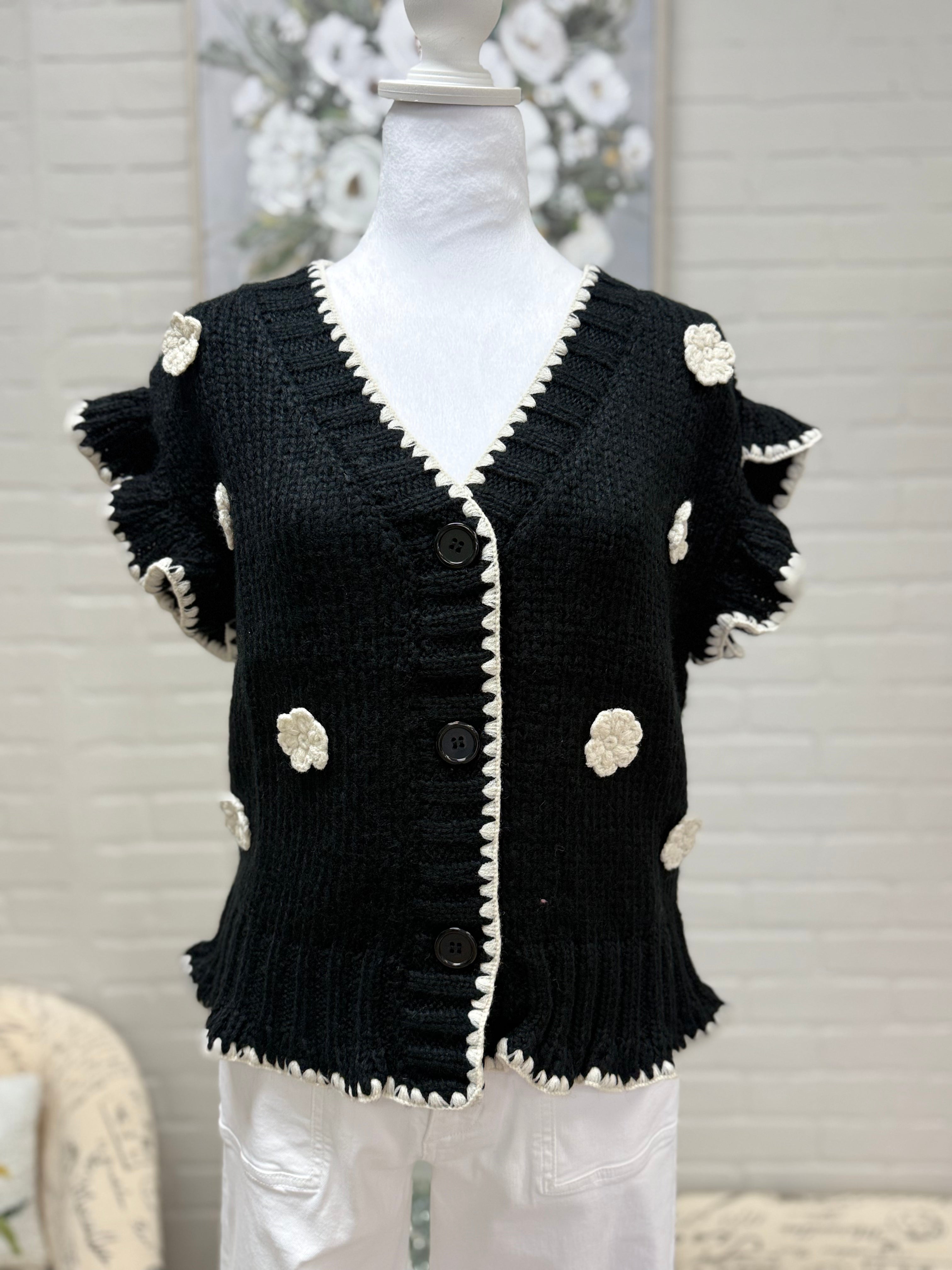Black Crochet Flower Cardigan