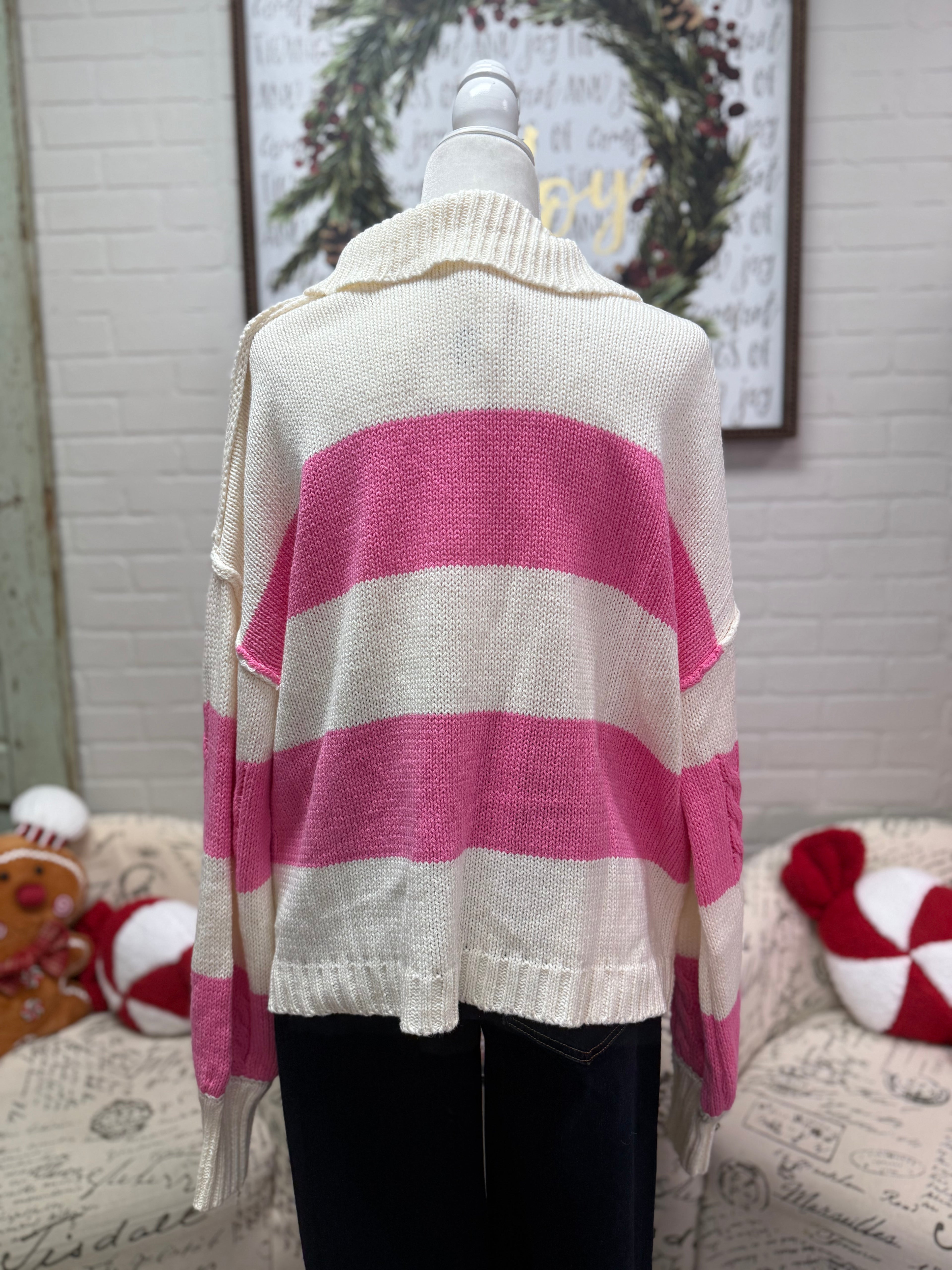 Pink and Cream Wide Striped Sweater