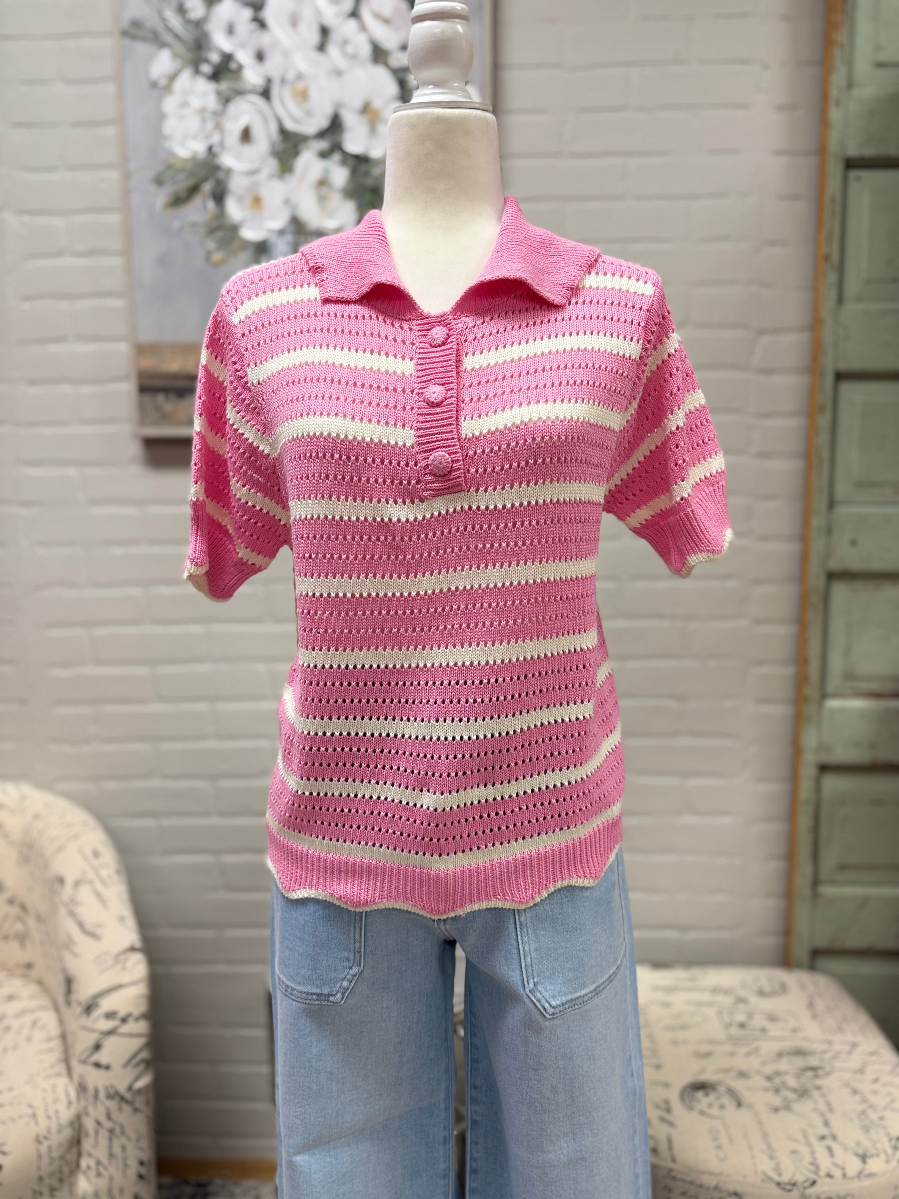 Pink Striped Scalloped Sweater
