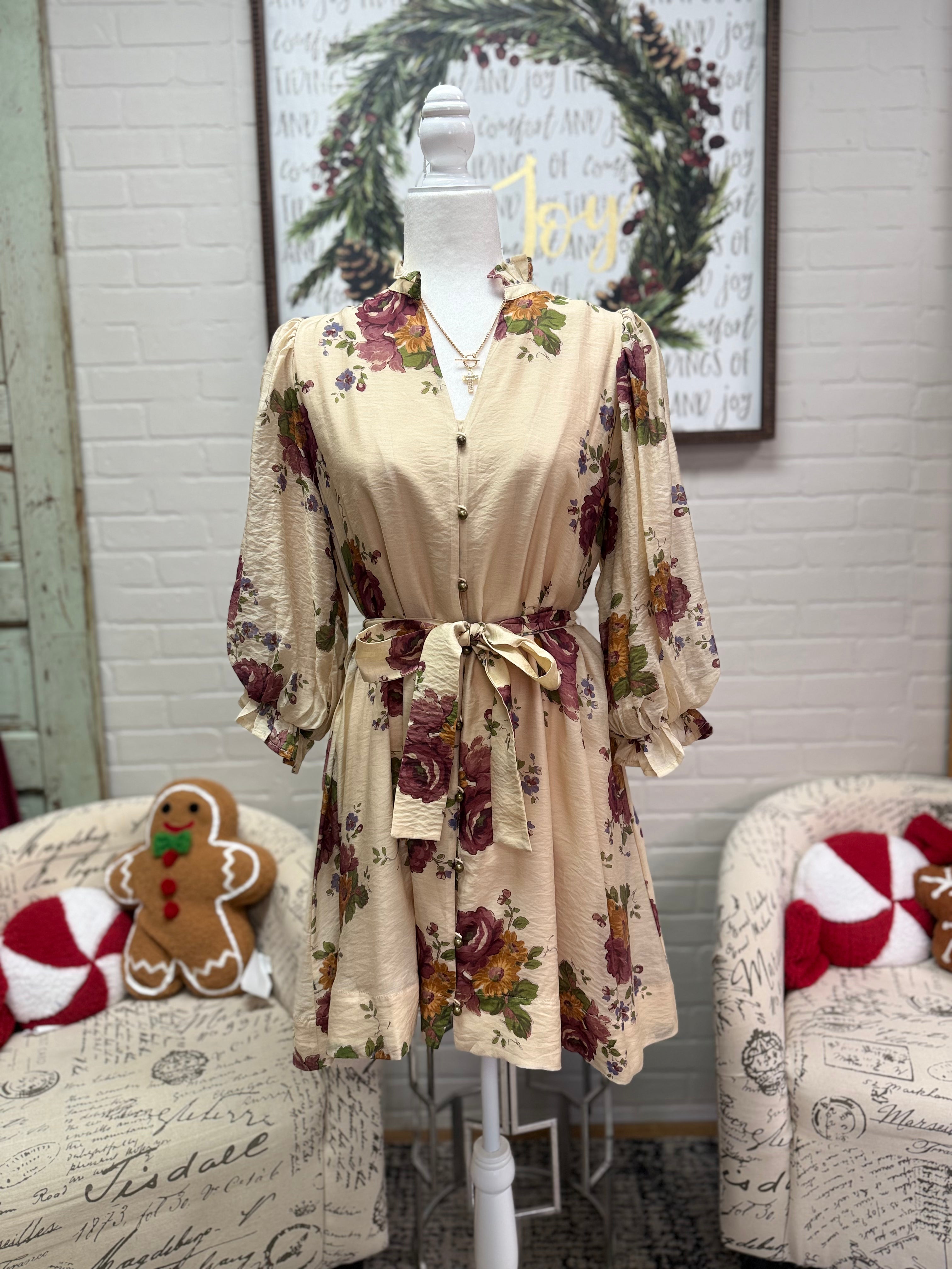 Ecru Floral 3/4 Sleeve Dress