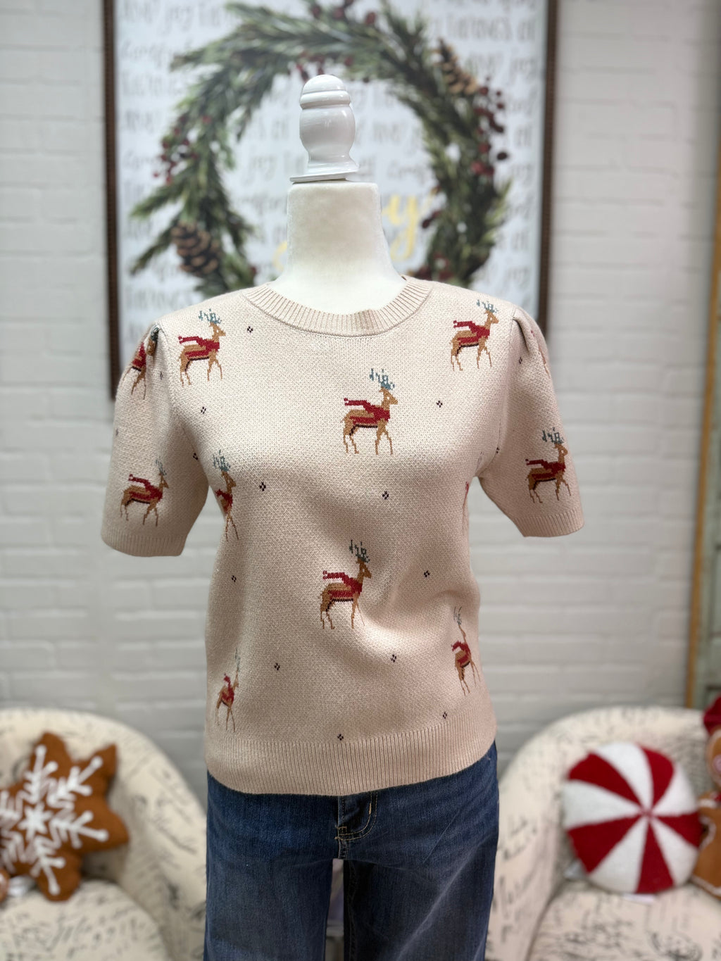 Taupe Reindeer Puff Sleeve Sweater