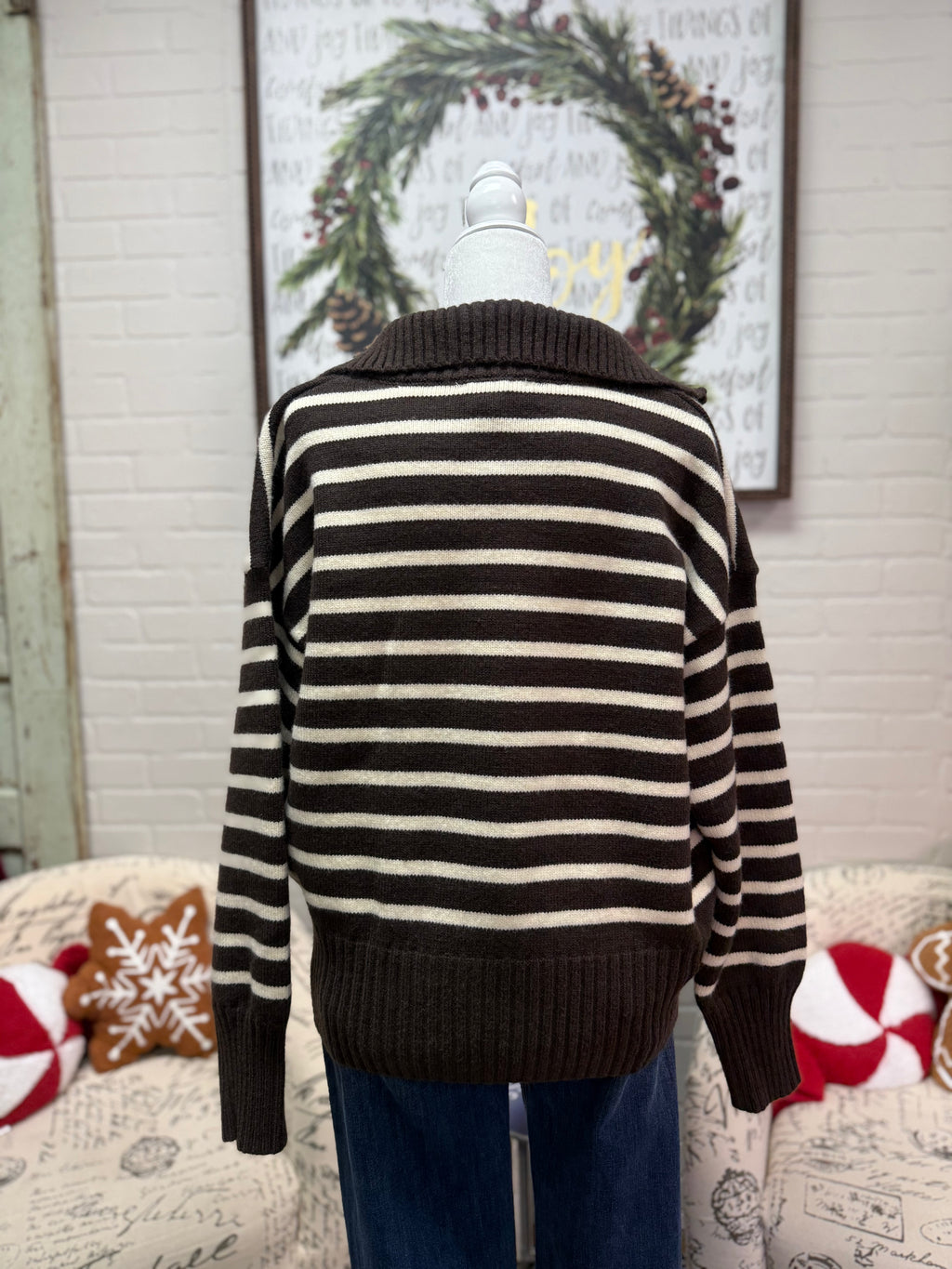 Brown Striped Zip Up Sweater