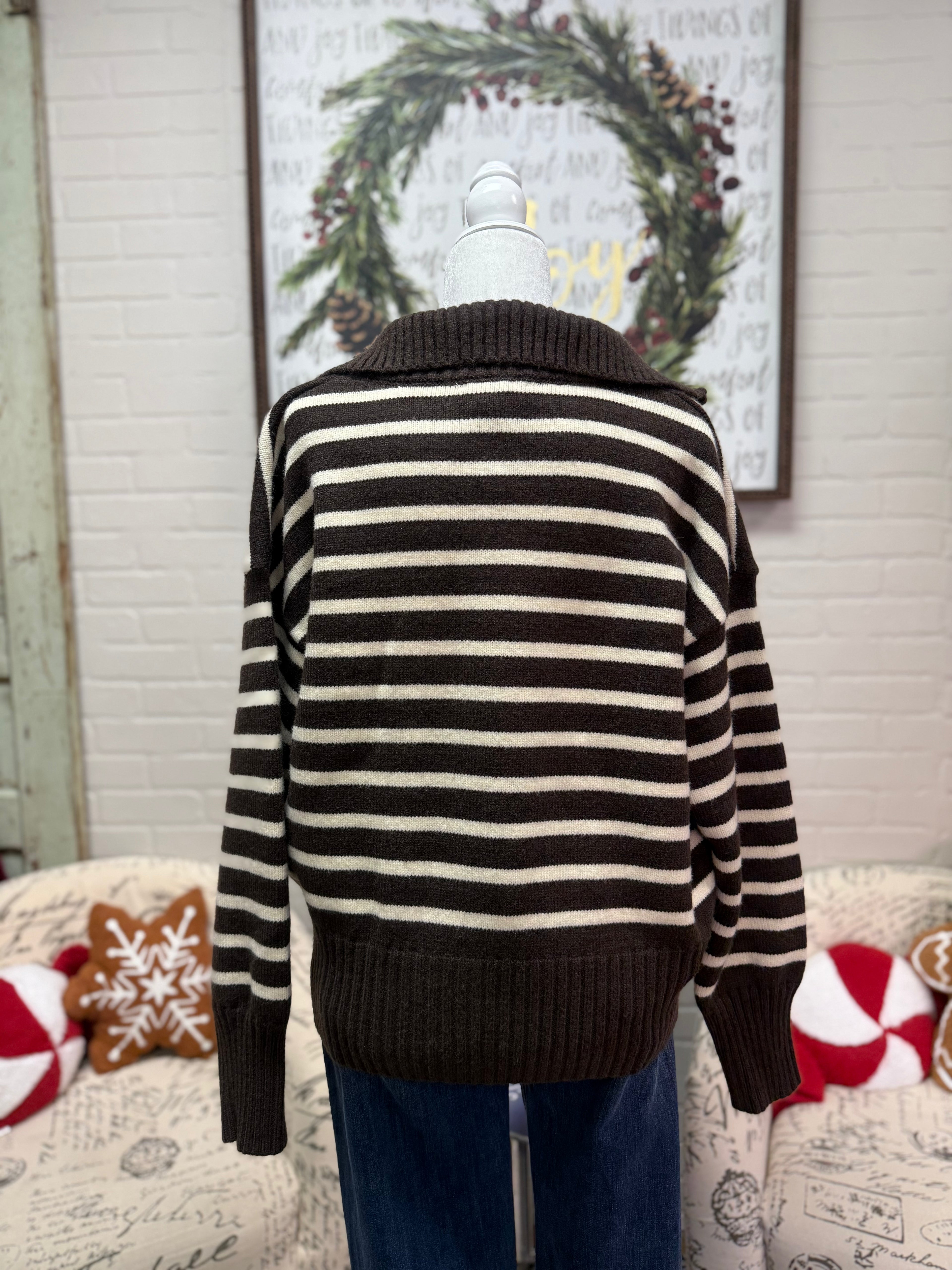Brown Striped Zip Up Sweater